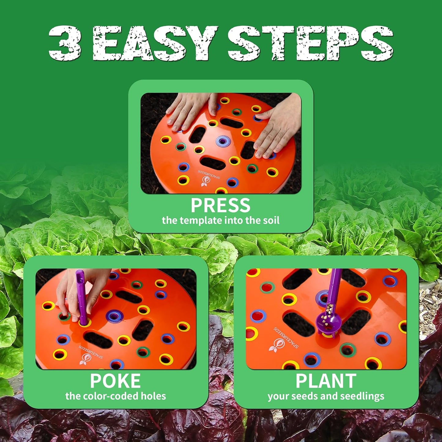 Round Seed Planting Template by  – Patented Color-Coded Garden Spacing Tool Kit with Seed & Seedling Spacer, Dibber with Seed Spoon & Laminated Vegetable Growing Guide
