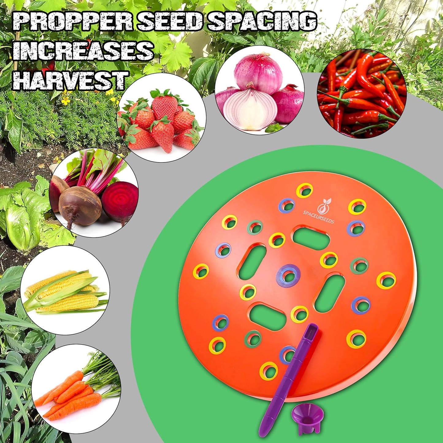 Round Seed Planting Template by  – Patented Color-Coded Garden Spacing Tool Kit with Seed & Seedling Spacer, Dibber with Seed Spoon & Laminated Vegetable Growing Guide