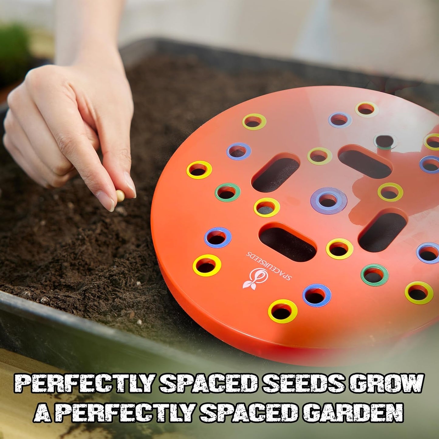 Round Seed Planting Template by  – Patented Color-Coded Garden Spacing Tool Kit with Seed & Seedling Spacer, Dibber with Seed Spoon & Laminated Vegetable Growing Guide