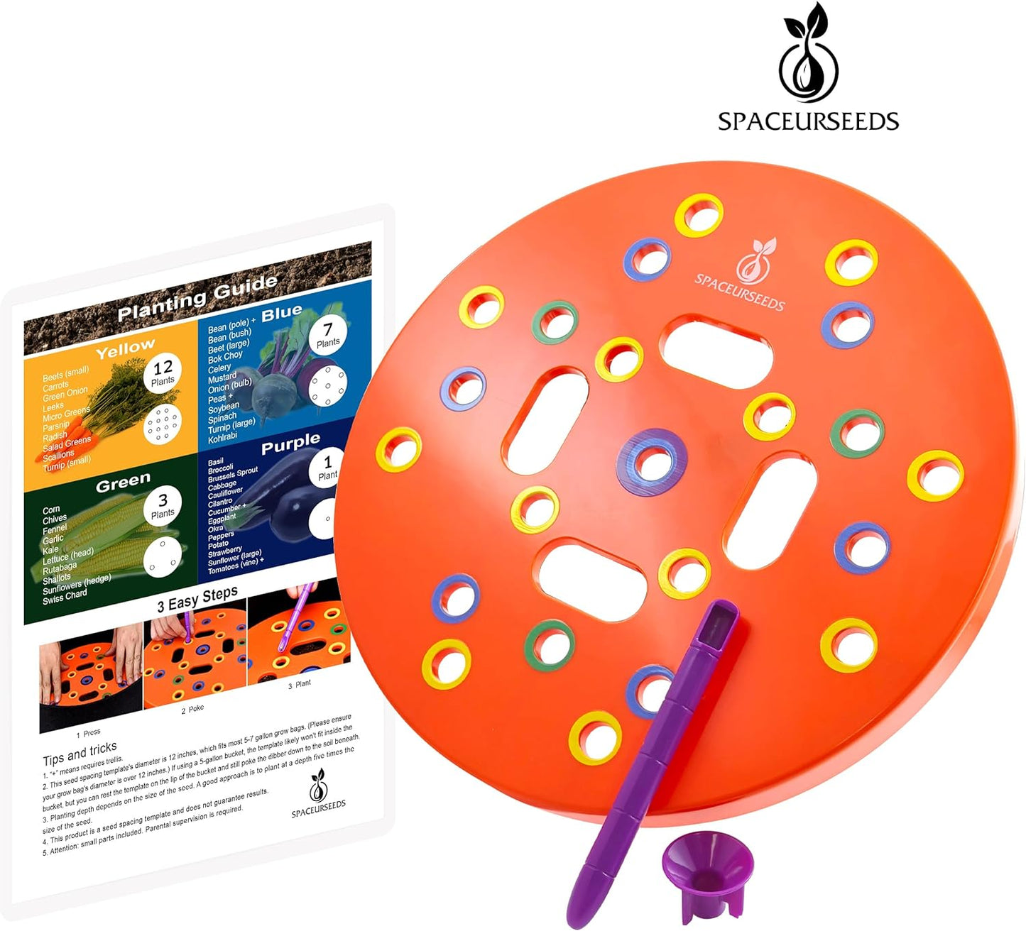 Round Seed Planting Template by  – Patented Color-Coded Garden Spacing Tool Kit with Seed & Seedling Spacer, Dibber with Seed Spoon & Laminated Vegetable Growing Guide