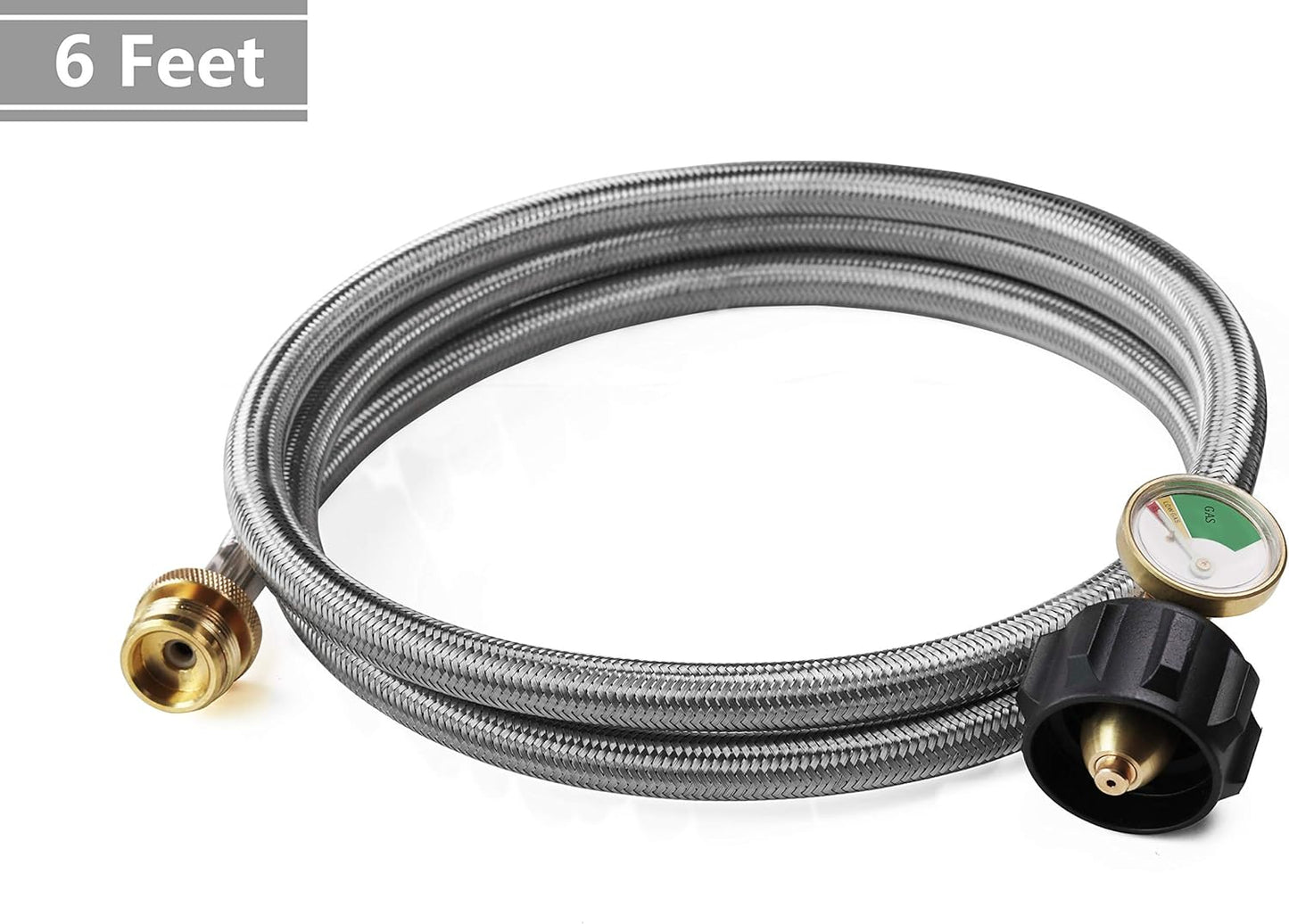 6 Feet Stainless Braided Hose Adapter With Tank Gauge, 1 lb to 20 lb Propane Converter for Stove, Tabletop Grill and More 1lb Portable Appliance