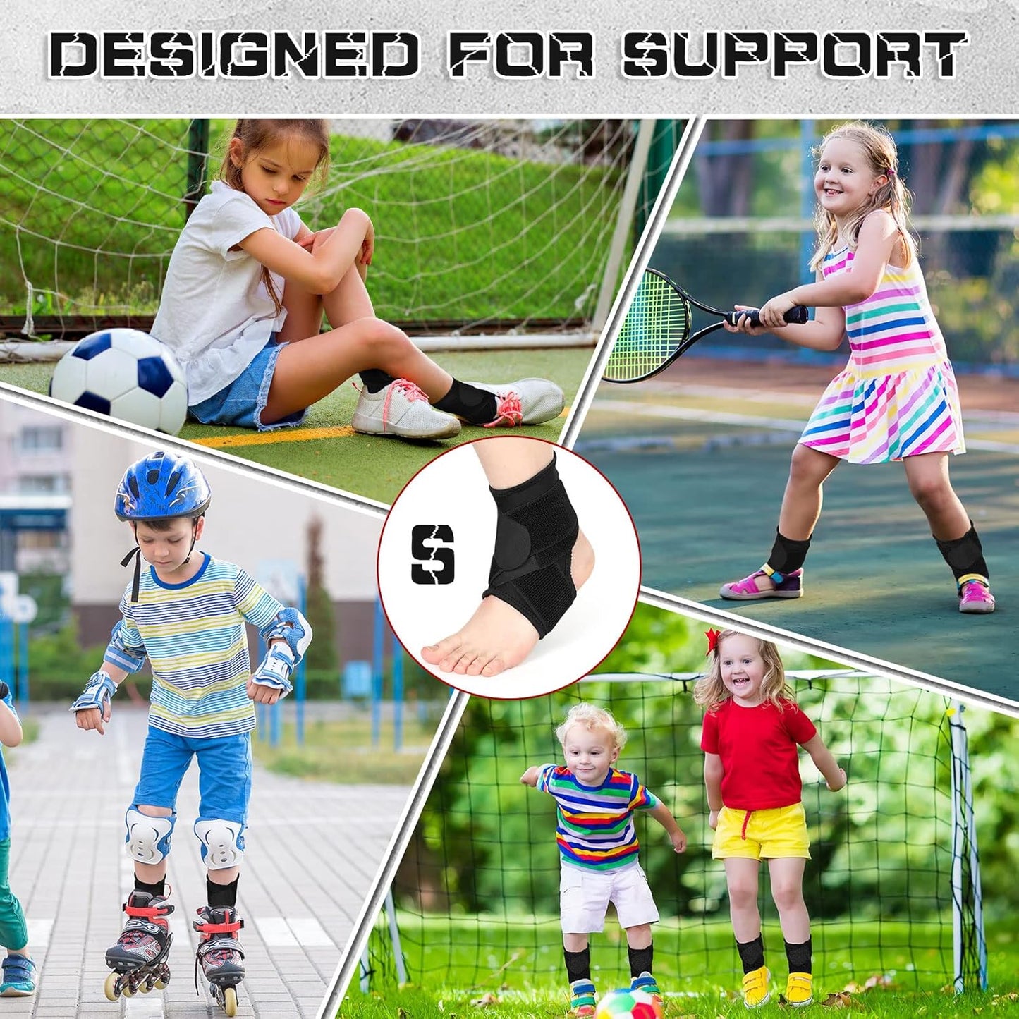 2 Pcs Ankle Brace Kids Ankle Support for Sport Sprained Neoprene Breathable Compression Sleeve with Adjustable Wrap for Youth Child Boy Girl Plantar Fasciitis Achilles Tendonitis(Black,S)