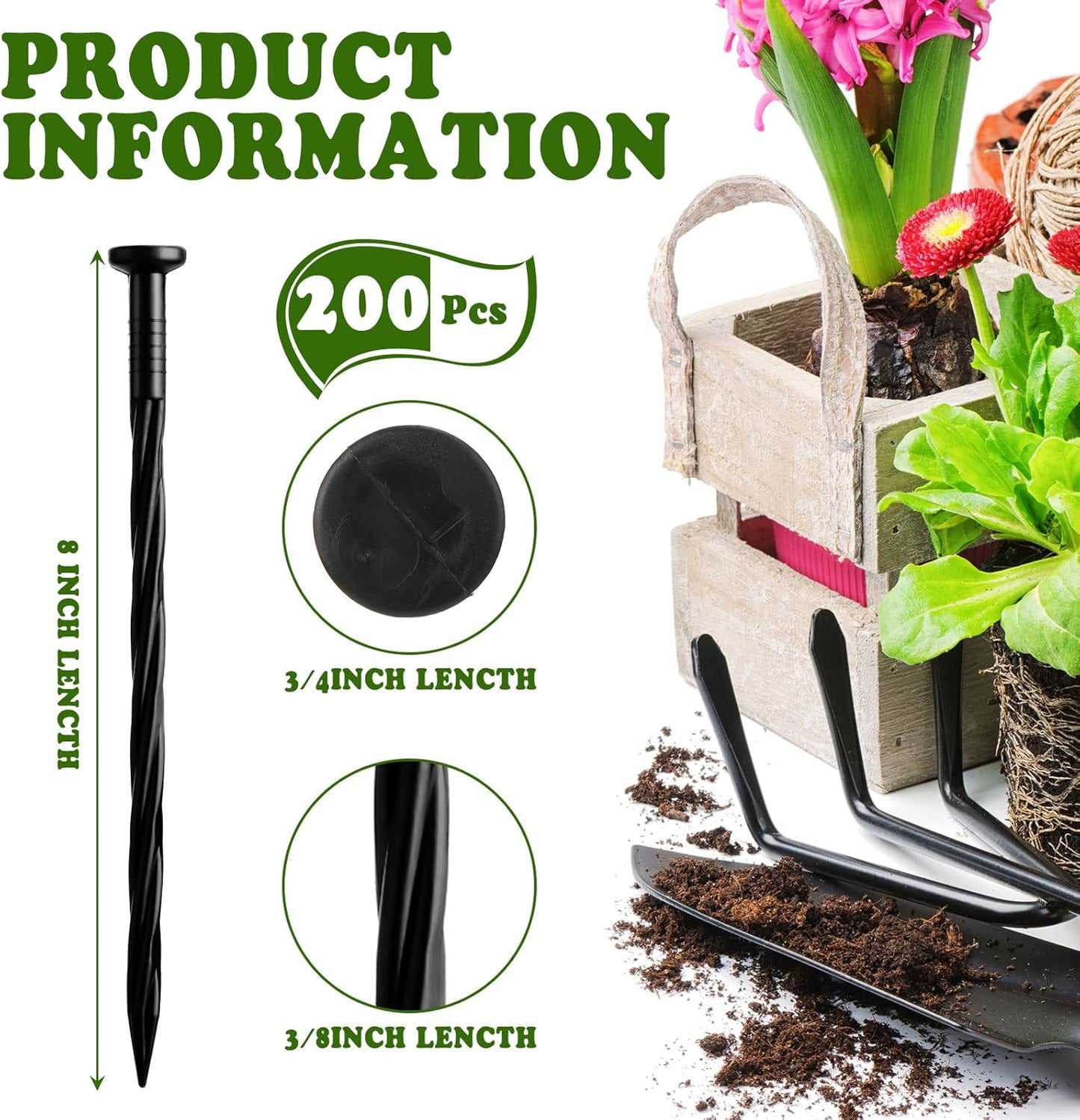 200 Pack Landscaping Spikes Anchoring Spike Plastic Ground Stake for Lawn, Weed Barriers, Turf, Paver Edging, House Construction (8 Inch)