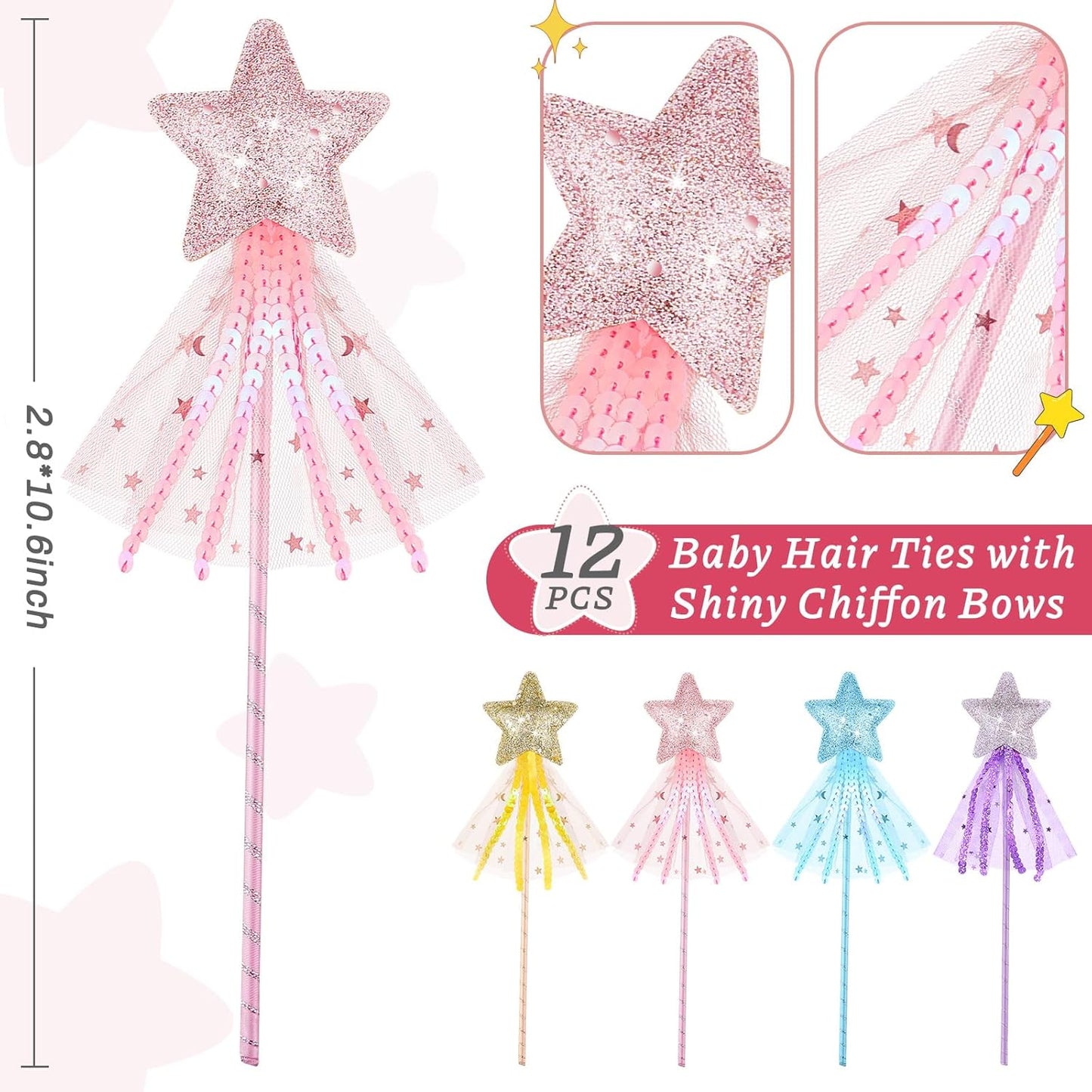 24 Pcs Glitter Star Magic Wand Princess Wand Fairy Angel Star Stick with Ribbon for Girl Kid Birthday Wedding Princess Dress up Role Play Party Supply Favor, Pink Purple Gold Blue