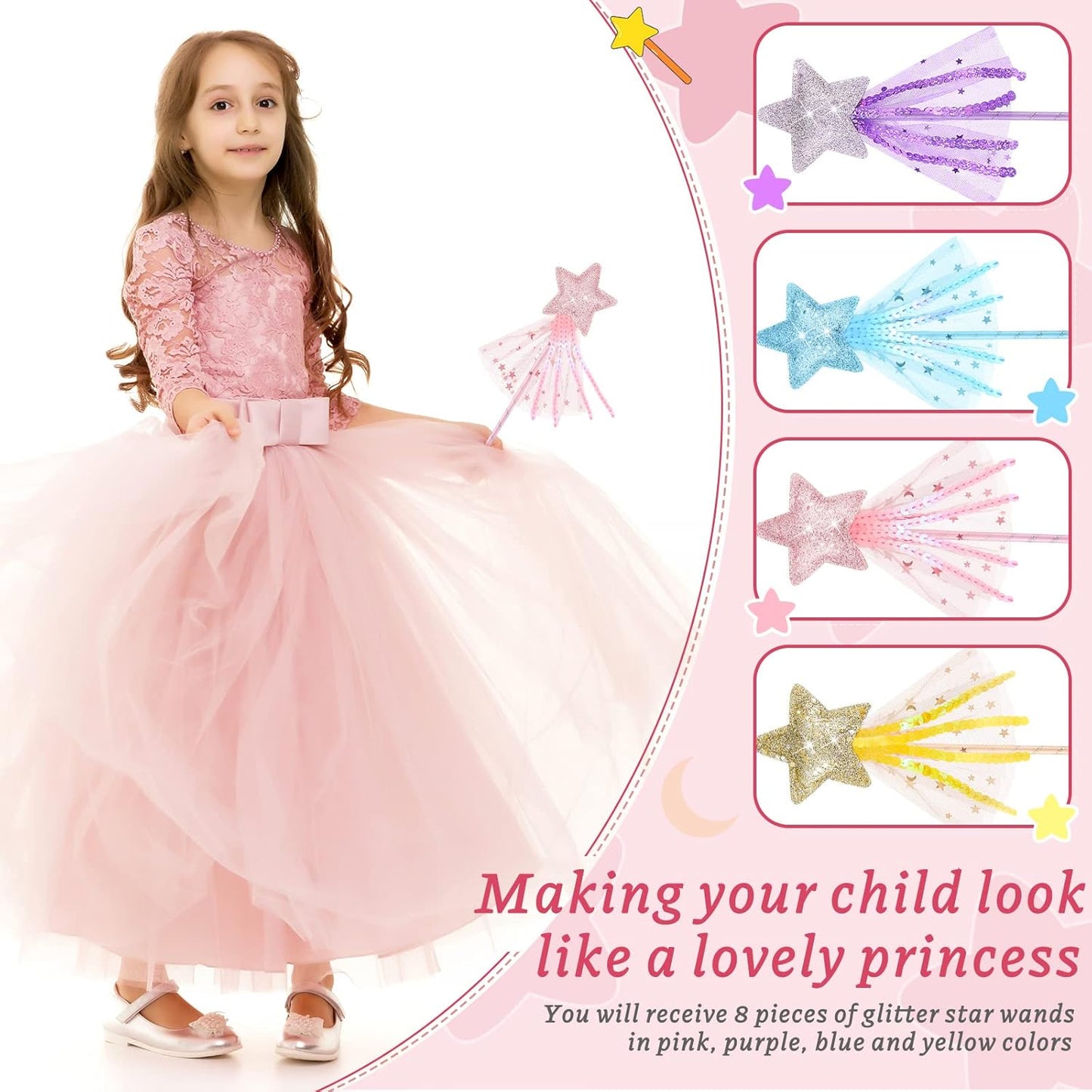 24 Pcs Glitter Star Magic Wand Princess Wand Fairy Angel Star Stick with Ribbon for Girl Kid Birthday Wedding Princess Dress up Role Play Party Supply Favor, Pink Purple Gold Blue