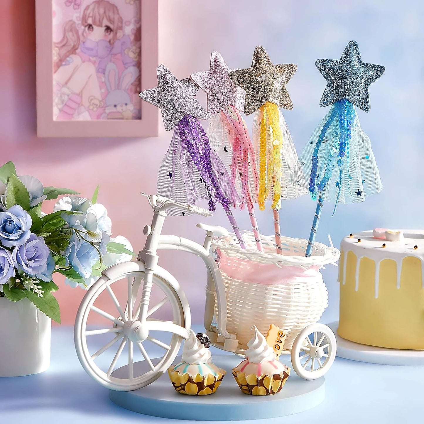24 Pcs Glitter Star Magic Wand Princess Wand Fairy Angel Star Stick with Ribbon for Girl Kid Birthday Wedding Princess Dress up Role Play Party Supply Favor, Pink Purple Gold Blue
