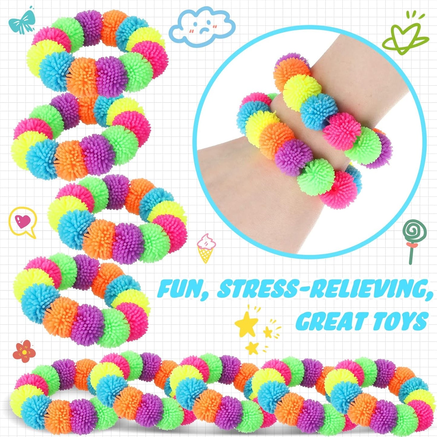 24 Pcs Spiky Sensory Bracelet Anxiety Sensory Toys Fidget Toy Stress Relief Spiky Rings Rainbow No Latex Flexible Stretchy Wearable Toy Bracelet for Adults Kids Children