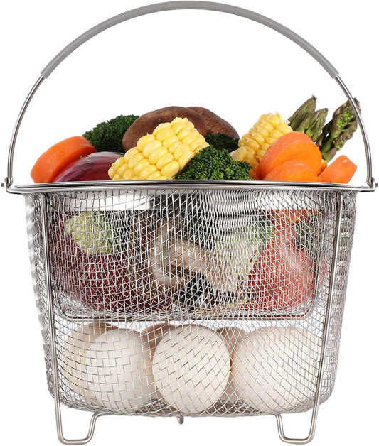 Steamer Basket for Instant Pot Accessories 6 qt or 8 quart - 2 Tier Stackable 18/8 Stainless Steel Mesh - Silicone Handle - Vegetable Steamer Insert, Egg Basket, Pasta Strainer,Silver