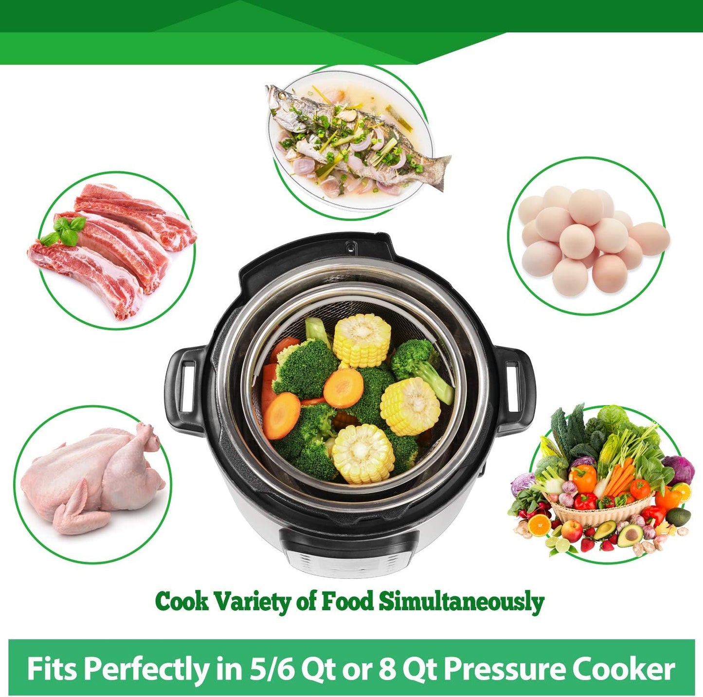 Steamer Basket for Instant Pot Accessories 6 qt or 8 quart - 2 Tier Stackable 18/8 Stainless Steel Mesh - Silicone Handle - Vegetable Steamer Insert, Egg Basket, Pasta Strainer,Silver
