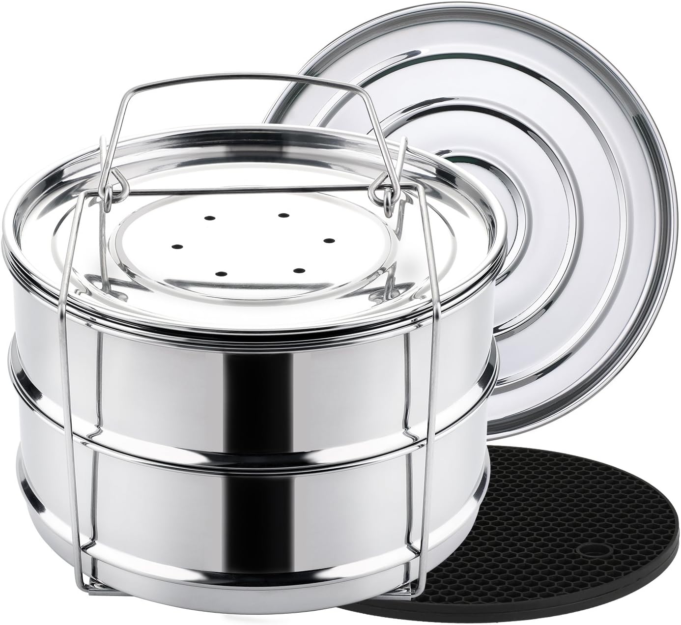 Stackable Steamer Insert Pans with Sling for Instant Pot Accessories 6/8 qt - Pot in Pot, Baking, Casseroles, Lasagna Pans, Food Steamer for Pressure Cooker, Upgrade Interchangeable Lids