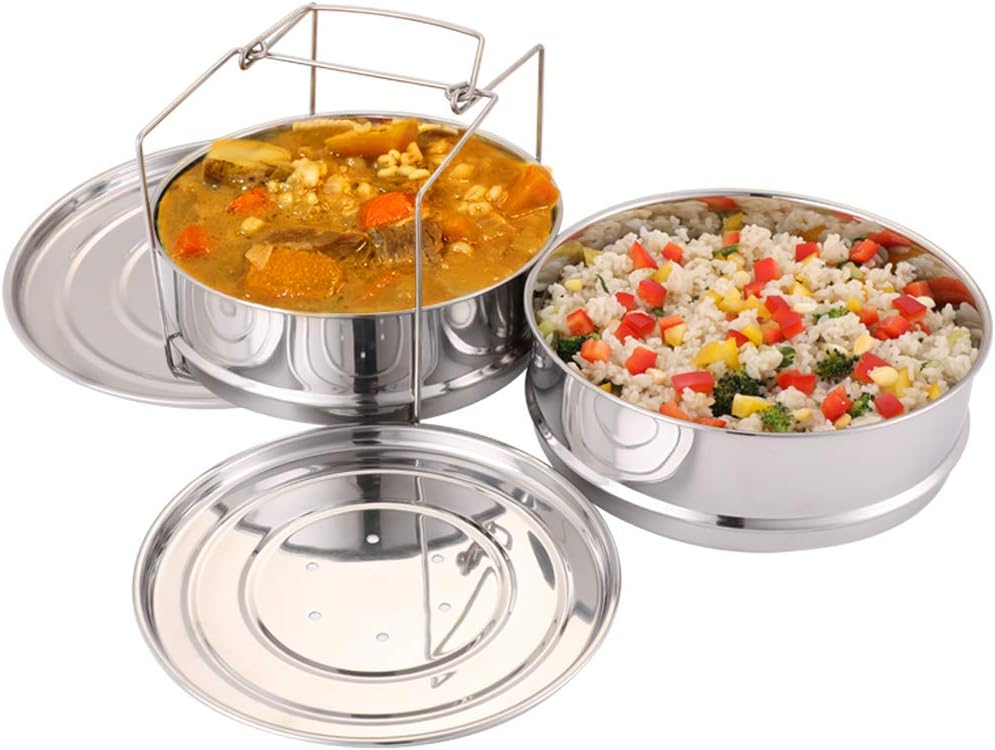 Stackable Steamer Insert Pans with Sling for Instant Pot Accessories 6/8 qt - Pot in Pot, Baking, Casseroles, Lasagna Pans, Food Steamer for Pressure Cooker, Upgrade Interchangeable Lids