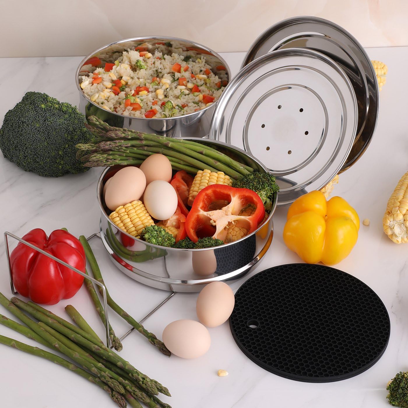 Stackable Steamer Insert Pans with Sling for Instant Pot Accessories 6/8 qt - Pot in Pot, Baking, Casseroles, Lasagna Pans, Food Steamer for Pressure Cooker, Upgrade Interchangeable Lids