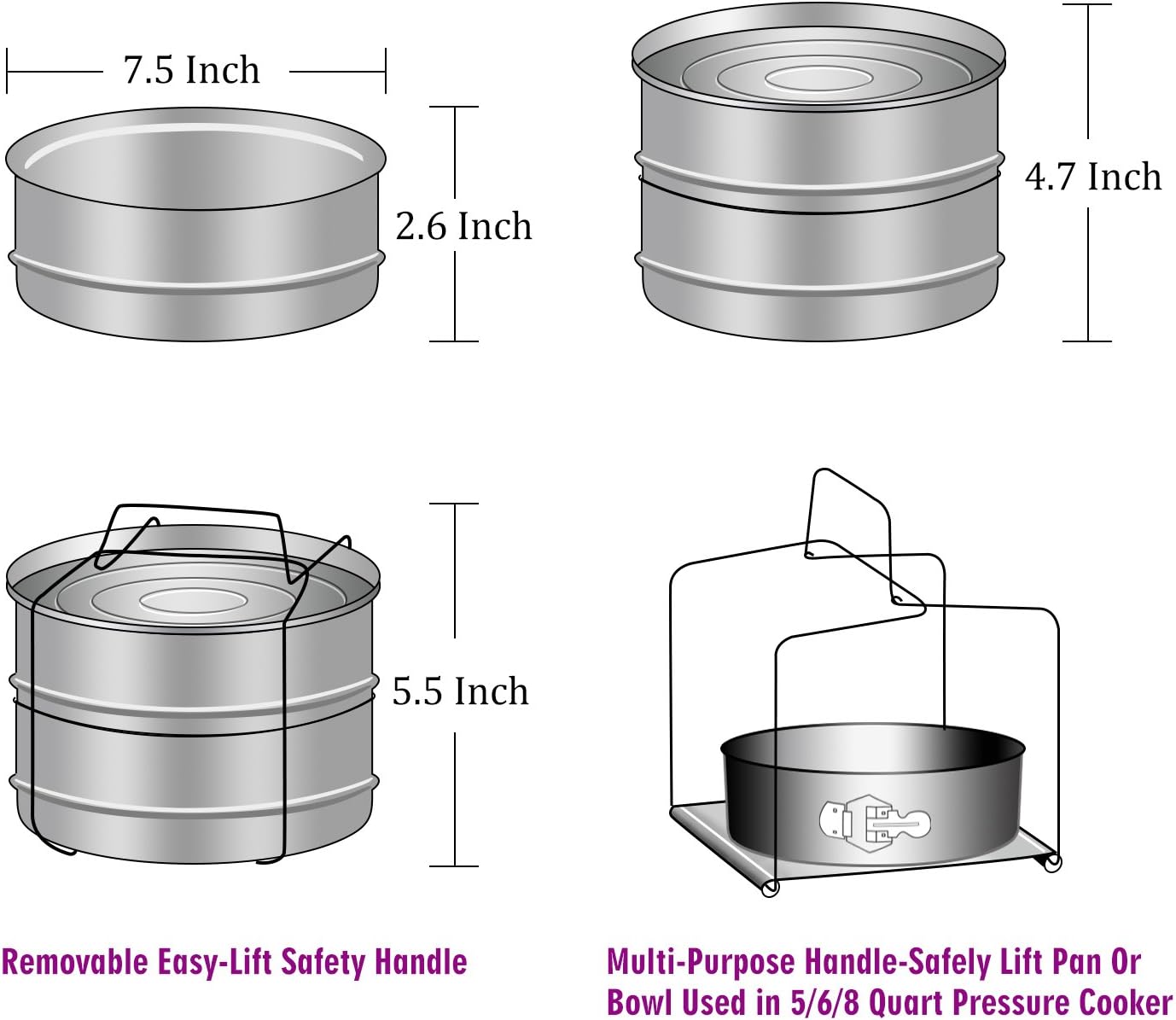 Stackable Steamer Insert Pans with Sling for Instant Pot Accessories 6/8 qt - Pot in Pot, Baking, Casseroles, Lasagna Pans, Food Steamer for Pressure Cooker, Upgrade Interchangeable Lids