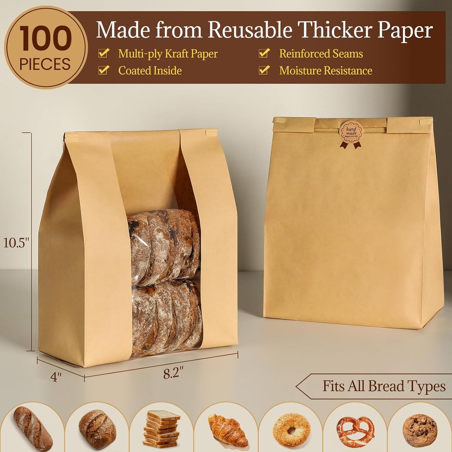 100 Pack Paper Bread Bags with Tin Tie Lock & Clear Window - Large Bakery Bags for Homemade Sourdough Bread, Cookies, Snacks Storage 14"x8.3"x3.5" Includes Seal Stickers