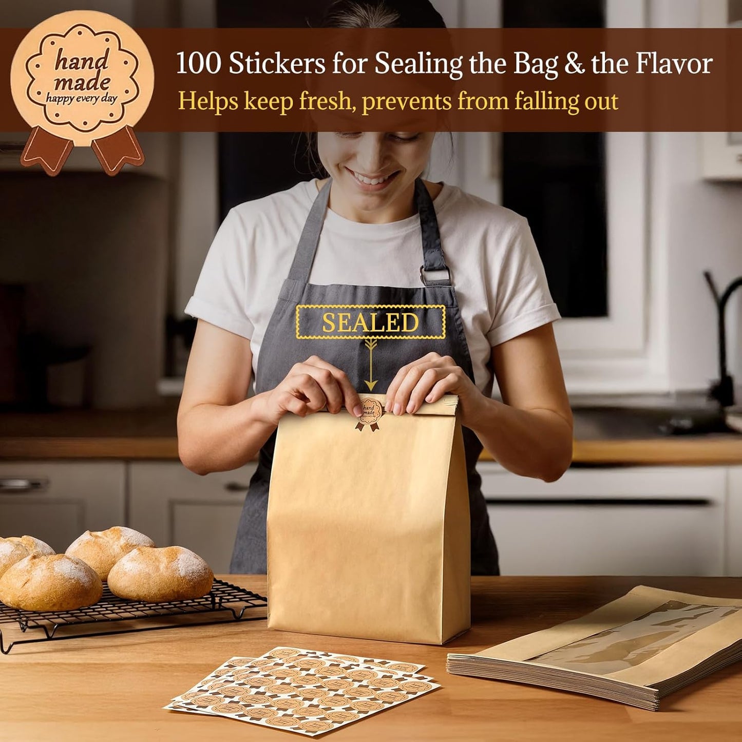 100 Pack Paper Bread Bags with Tin Tie Lock & Clear Window - Large Bakery Bags for Homemade Sourdough Bread, Cookies, Snacks Storage 14"x8.3"x3.5" Includes Seal Stickers