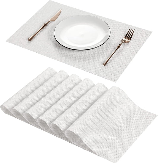 Placemats for Dining Table Set of 6 Woven Vinyl Plastic Place Mats Non-Slip Heat Insulation Stain Resistant Table Mats Washable Easy Clean Placemats (White)