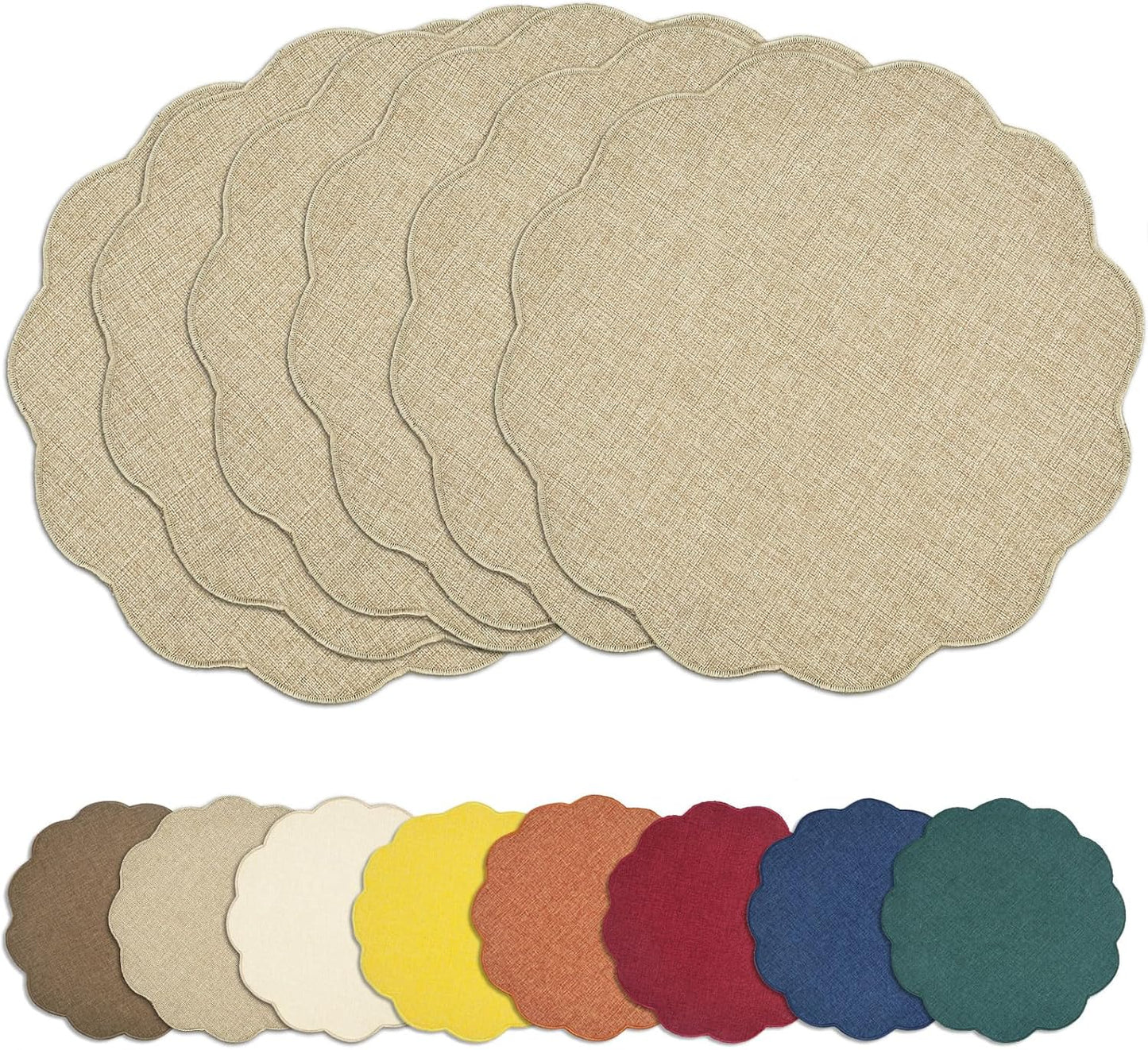 Round Faux Linen Placemats Set of 6 Heat Resistant Non-Slip Stain Proof Table Mats for Kitchen Dining Elegant Decor Place Mats (Linen Beige,6)