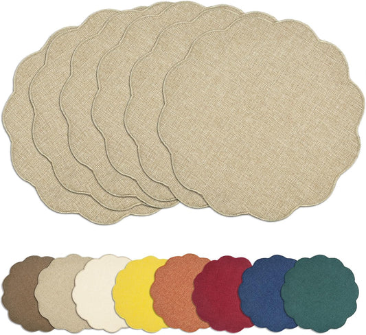 Round Faux Linen Placemats Set of 6 Heat Resistant Non-Slip Stain Proof Table Mats for Kitchen Dining Elegant Decor Place Mats (Linen Beige,6)