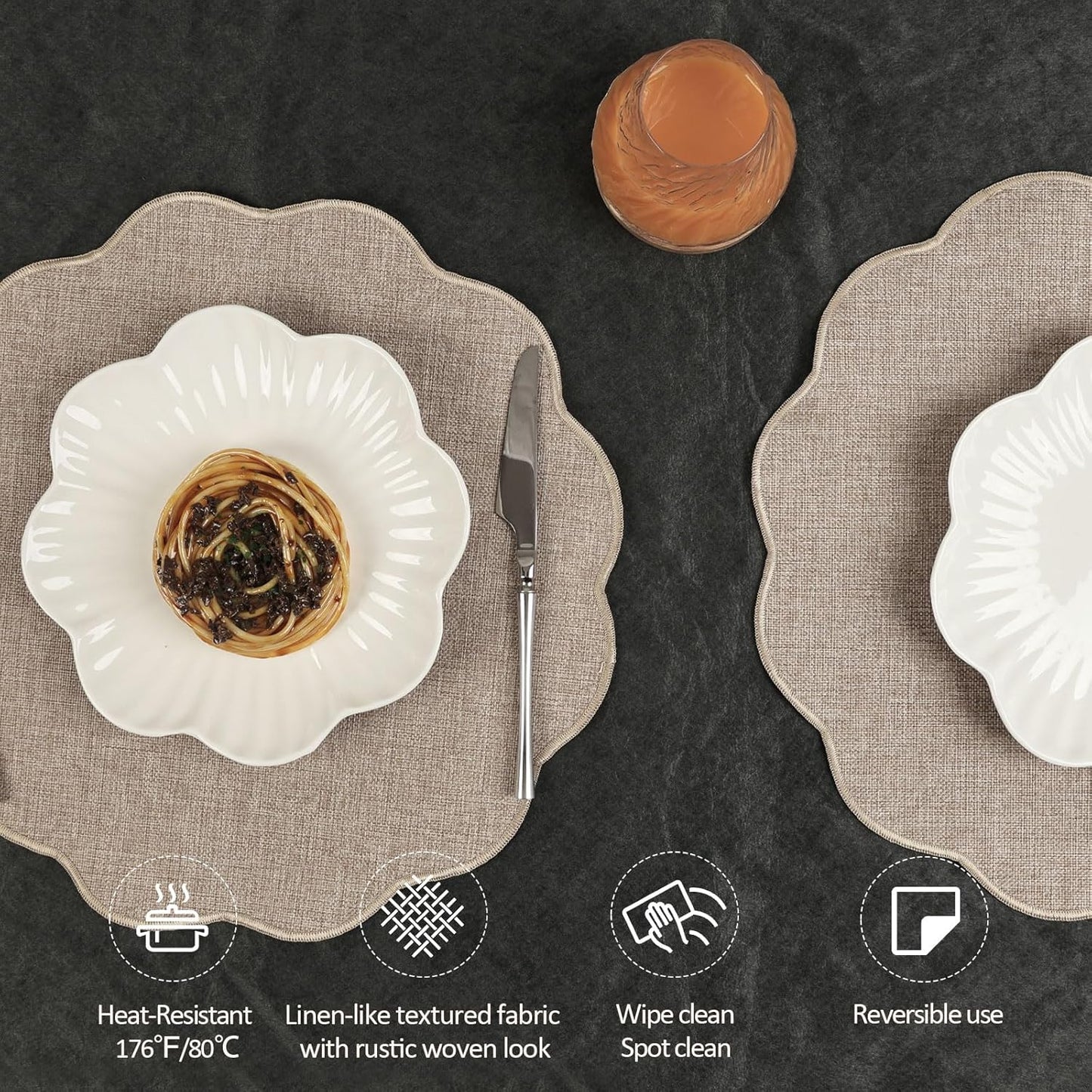Round Faux Linen Placemats Set of 6 Heat Resistant Non-Slip Stain Proof Table Mats for Kitchen Dining Elegant Decor Place Mats (Linen Beige,6)