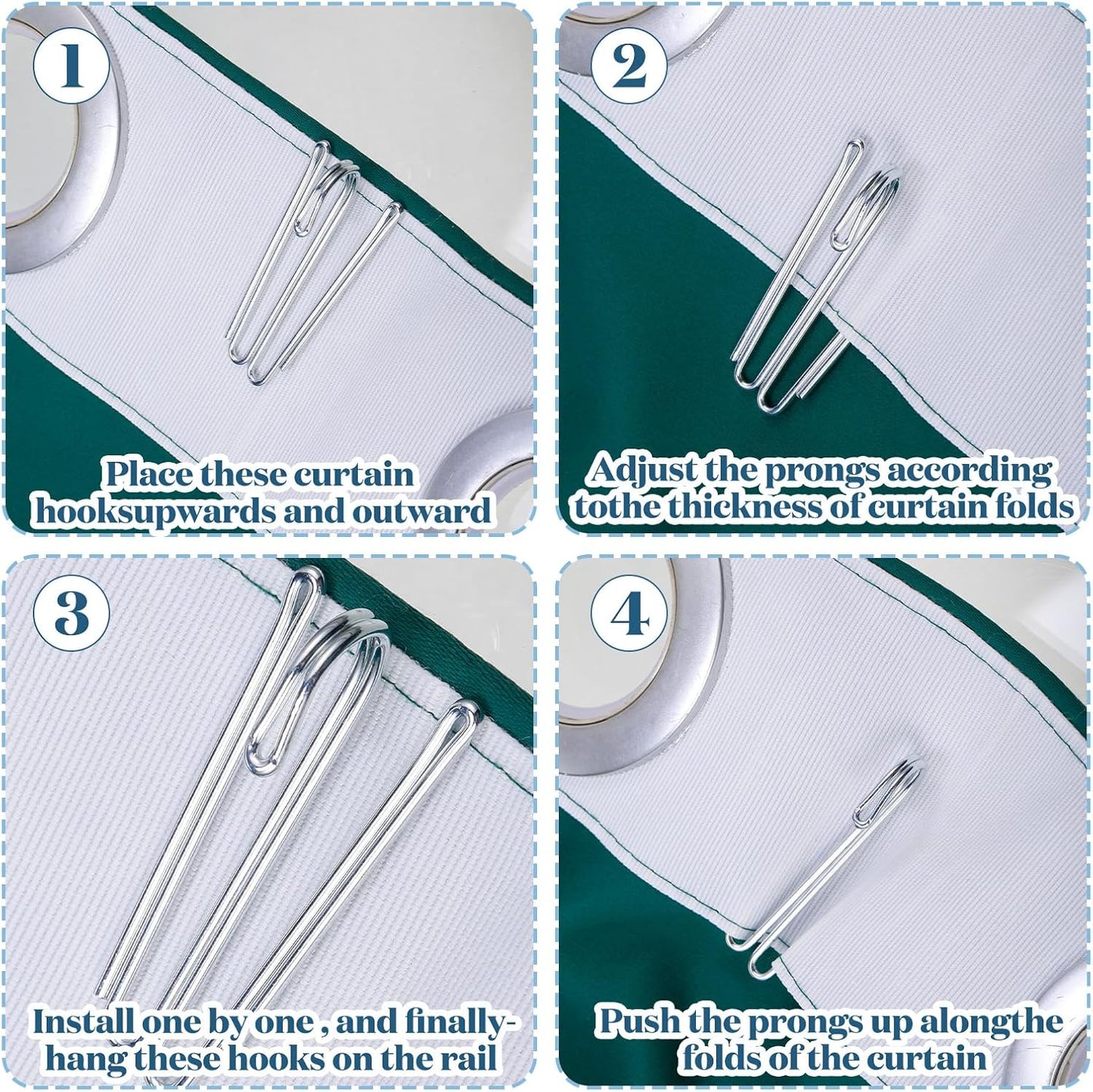 Pleat Hooks Stainless Steel Curtain Hooks Drapery Clasp and Pin 4 Prongs Pinch Pleat Tools Clips for Window, Shower Curtain(60 Pcs)