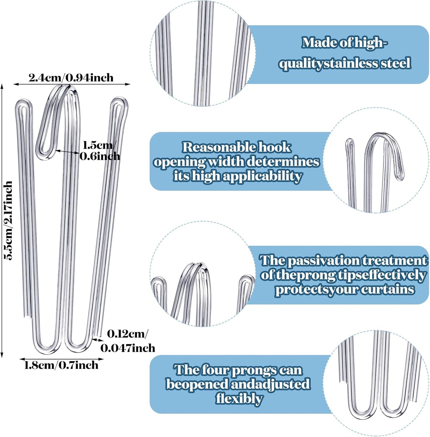 Pleat Hooks Stainless Steel Curtain Hooks Drapery Clasp and Pin 4 Prongs Pinch Pleat Tools Clips for Window, Shower Curtain(60 Pcs)