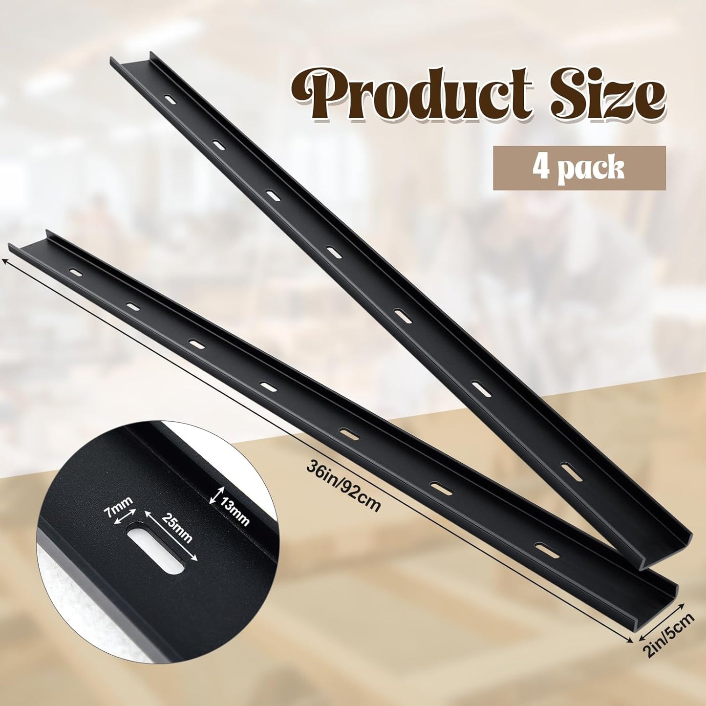 4 Pcs 36" L X 2" W C Channel Steel Support Metal Support Bracing Hidden C Bracket for Table Top Live Edge Slab Woodworking, Black Coat Finish