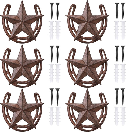 6 Pcs Cast Iron Horseshoe with Star Wall Decor Vintage Metal Older Cast Iron Wall Art for Good Lucky Durable Medium Horseshoe for Indoor or Outdoor