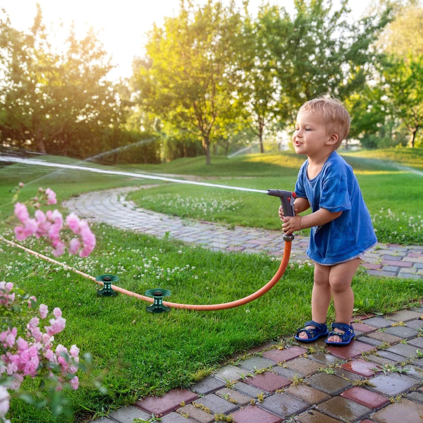 12 Packs 9.84 Inch Garden Hose Guide Spike, Flower Shaped Water Hose Holder Spike Stand with Stake, Heavy Duty Green, Keeps Garden Hose out of Flower Beds, for Plant Protection