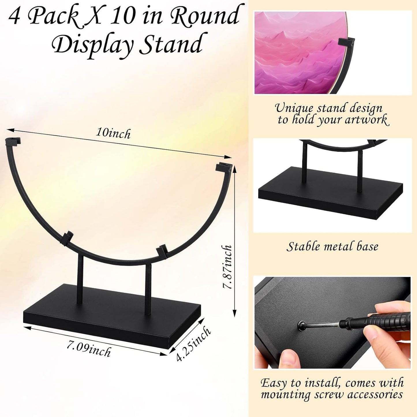 4 PCS 10 Inch Round Metal Display Stands for Stained Glass Fused Glass Art Easel Display Stands Decorative Plate Holder for Art Panels Picture Platter Photo