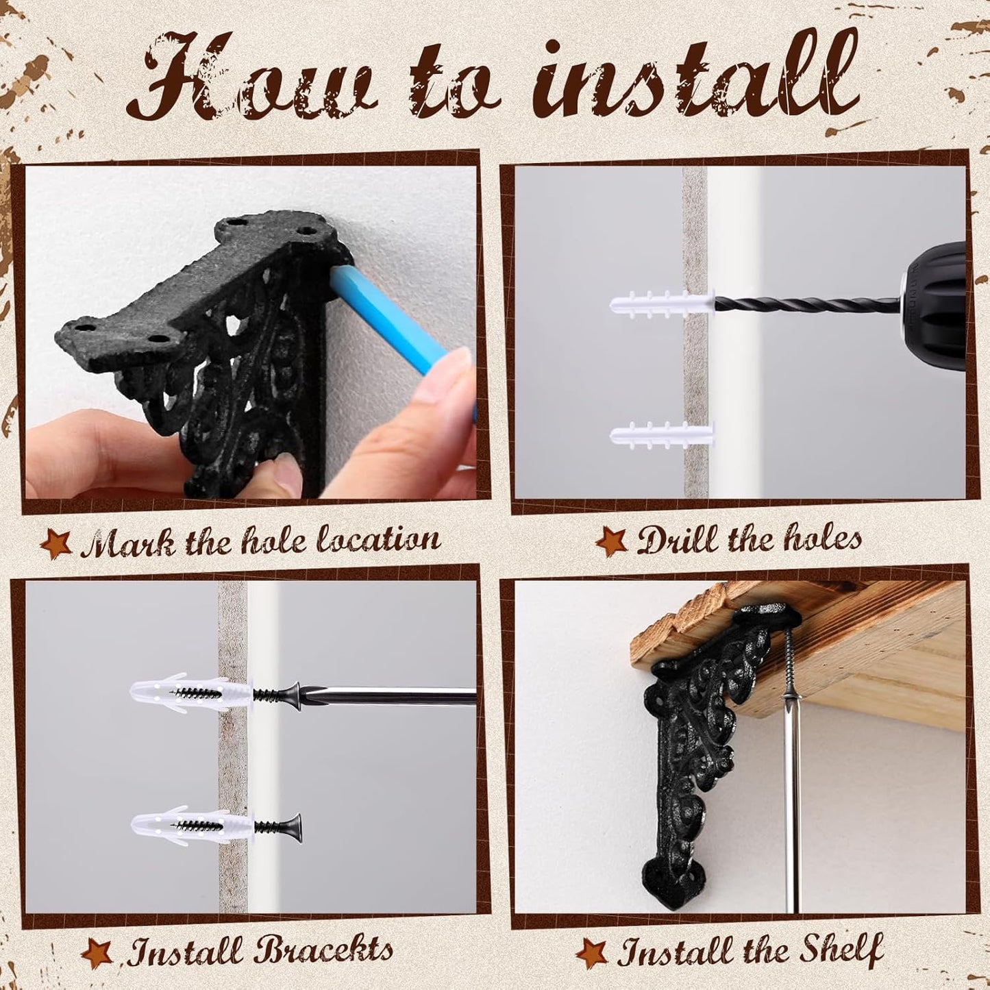 8 Pack Cast Iron Brackets Antique Style Shelf Brackets with Screws 3 7/8" x 3 7/8" Decorative Wall Mount Mental Shelving Heavy Duty Victorian Style Shelf (Black)