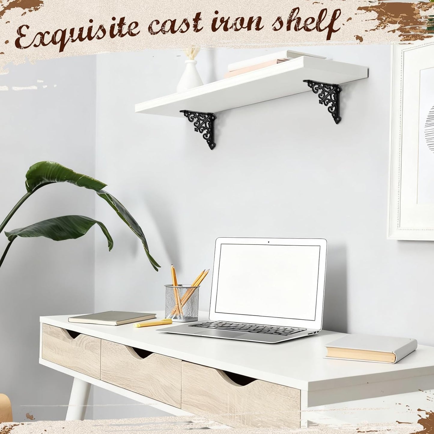 8 Pack Cast Iron Brackets Antique Style Shelf Brackets with Screws 3 7/8" x 3 7/8" Decorative Wall Mount Mental Shelving Heavy Duty Victorian Style Shelf (Black)