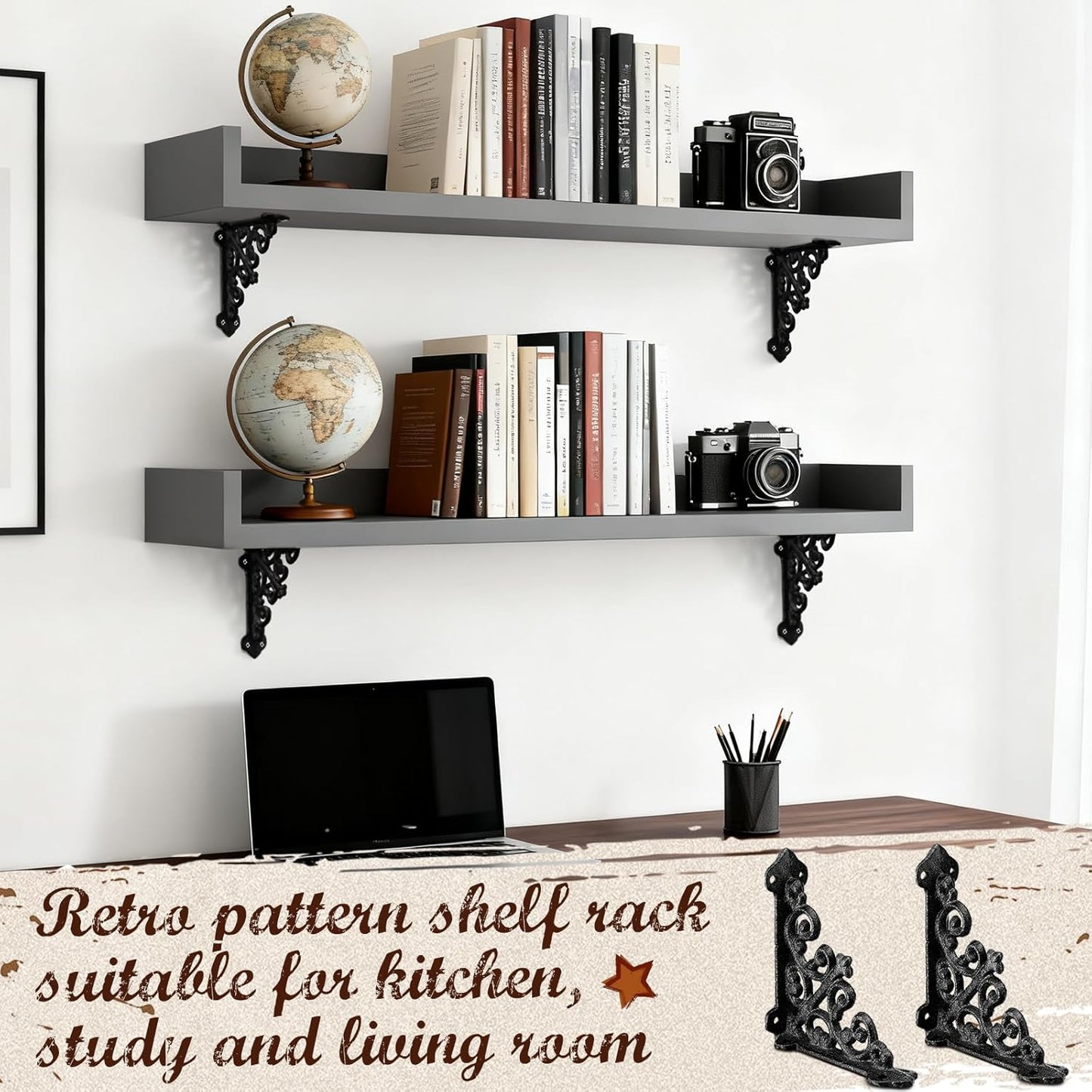 8 Pack Cast Iron Brackets Antique Style Shelf Brackets with Screws 3 7/8" x 3 7/8" Decorative Wall Mount Mental Shelving Heavy Duty Victorian Style Shelf (Black)
