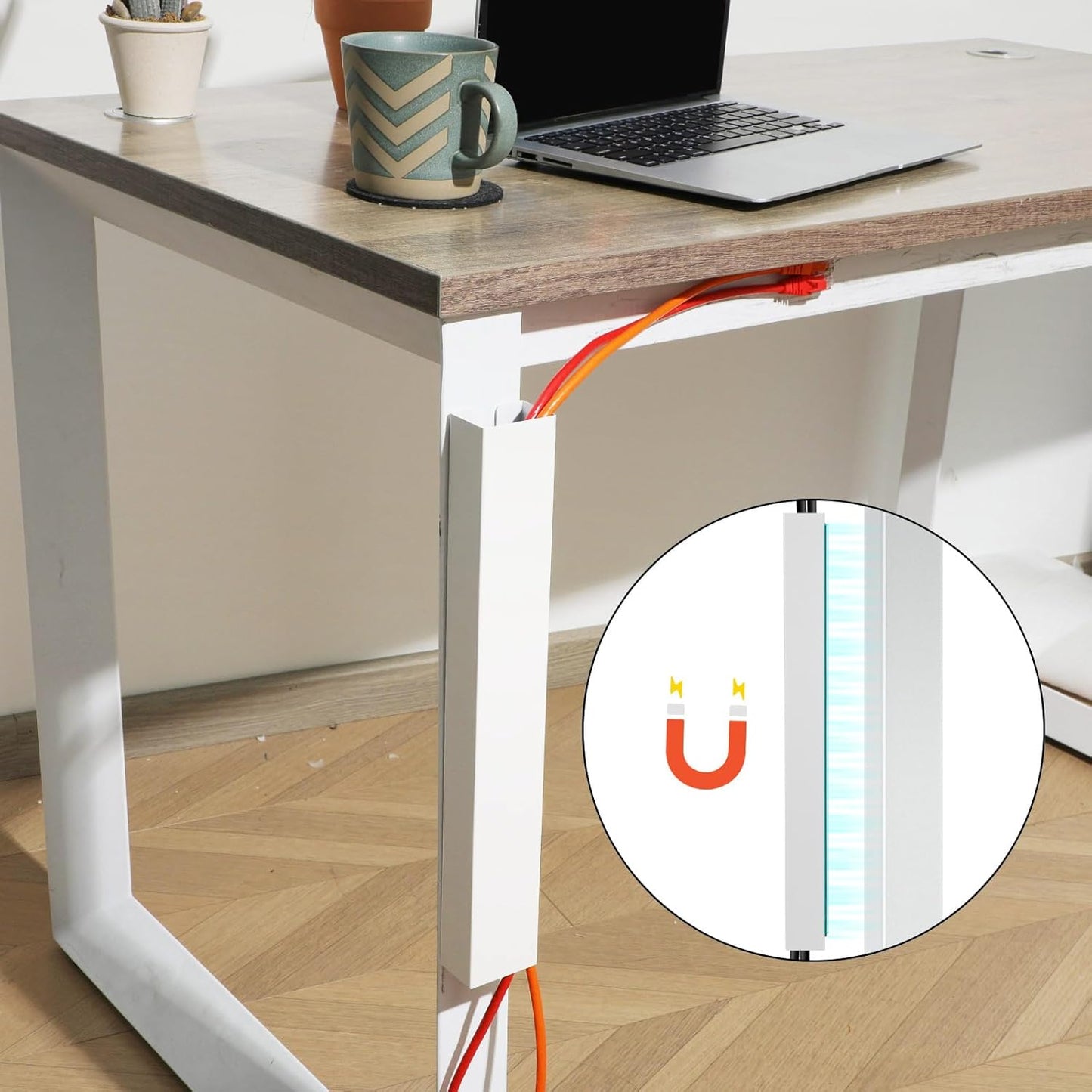 2 Pack White Steel Magnetic 14 Inch Cable Management Channel for Under Desk Leg Vertical Wire Hider Cover Desk Cable Organizer No Drill Cord Organizer Cord Hider Management for Home Office