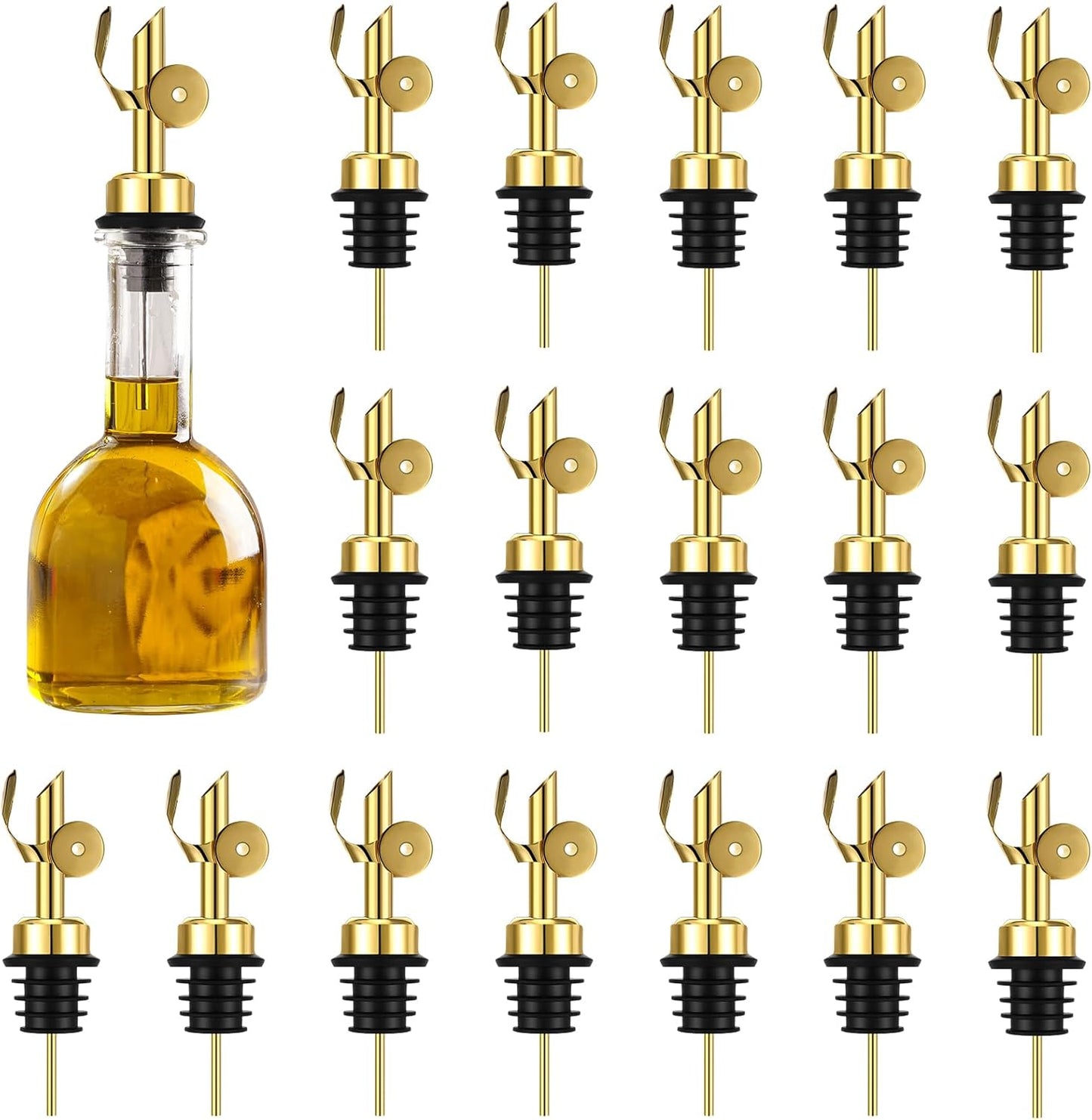 24pc Olive Oil Spout Stainless Steel Weighted Bulk Self-Closing Bottle Pourers for Wine Syrup Home Bar Accessories (Gold)