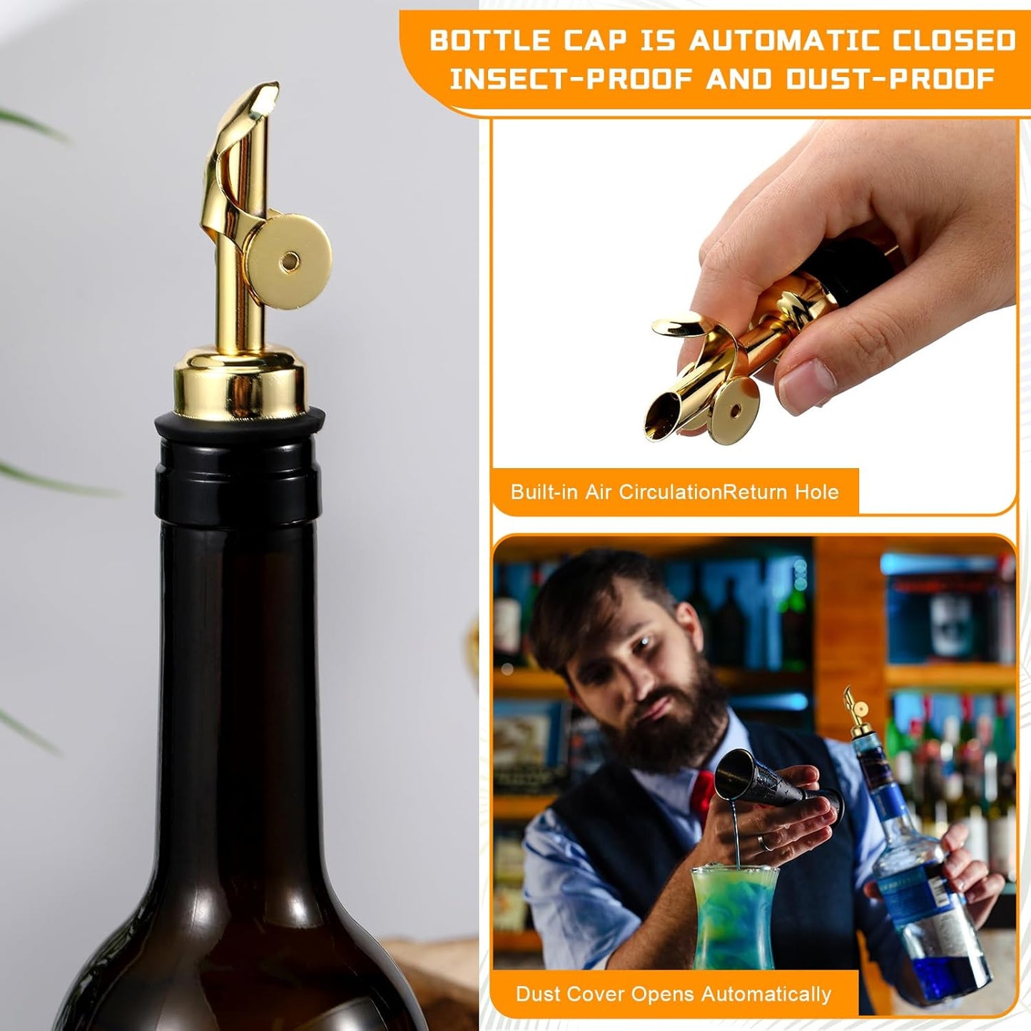 24pc Olive Oil Spout Stainless Steel Weighted Bulk Self-Closing Bottle Pourers for Wine Syrup Home Bar Accessories (Gold)