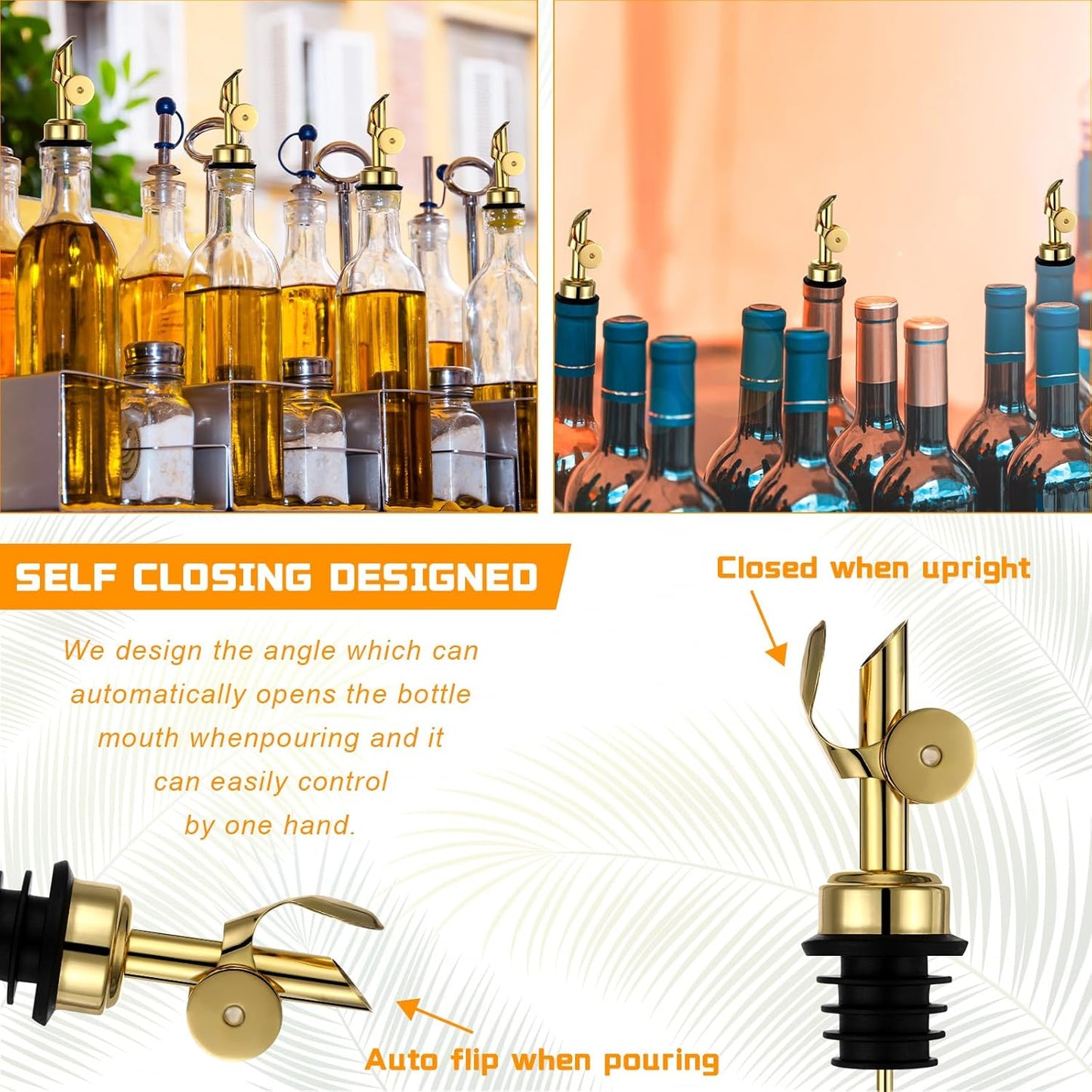 24pc Olive Oil Spout Stainless Steel Weighted Bulk Self-Closing Bottle Pourers for Wine Syrup Home Bar Accessories (Gold)