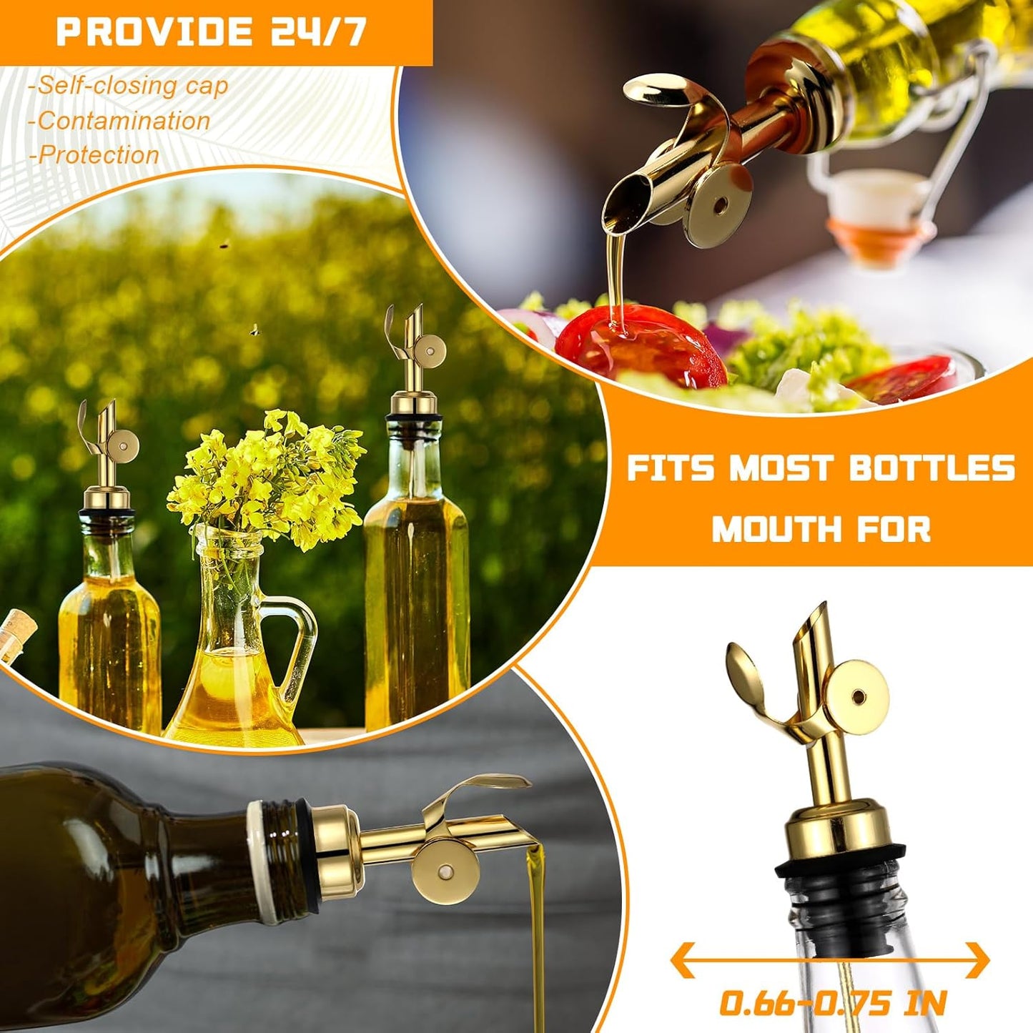 24pc Olive Oil Spout Stainless Steel Weighted Bulk Self-Closing Bottle Pourers for Wine Syrup Home Bar Accessories (Gold)
