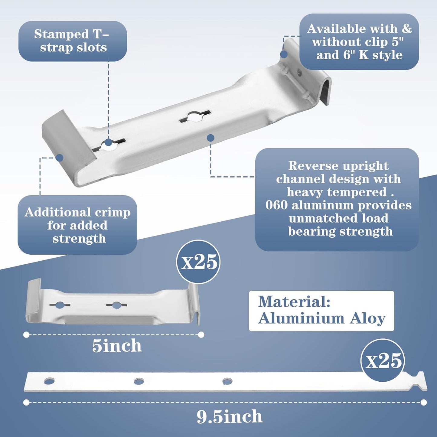 25 Sets 5" Aluminum Roof Gutter Hanger with Straps for Fixing Without Eaves, Ideal for Aluminum and Steel Gutters, Strong and Durable Roof Gutter Support Solution