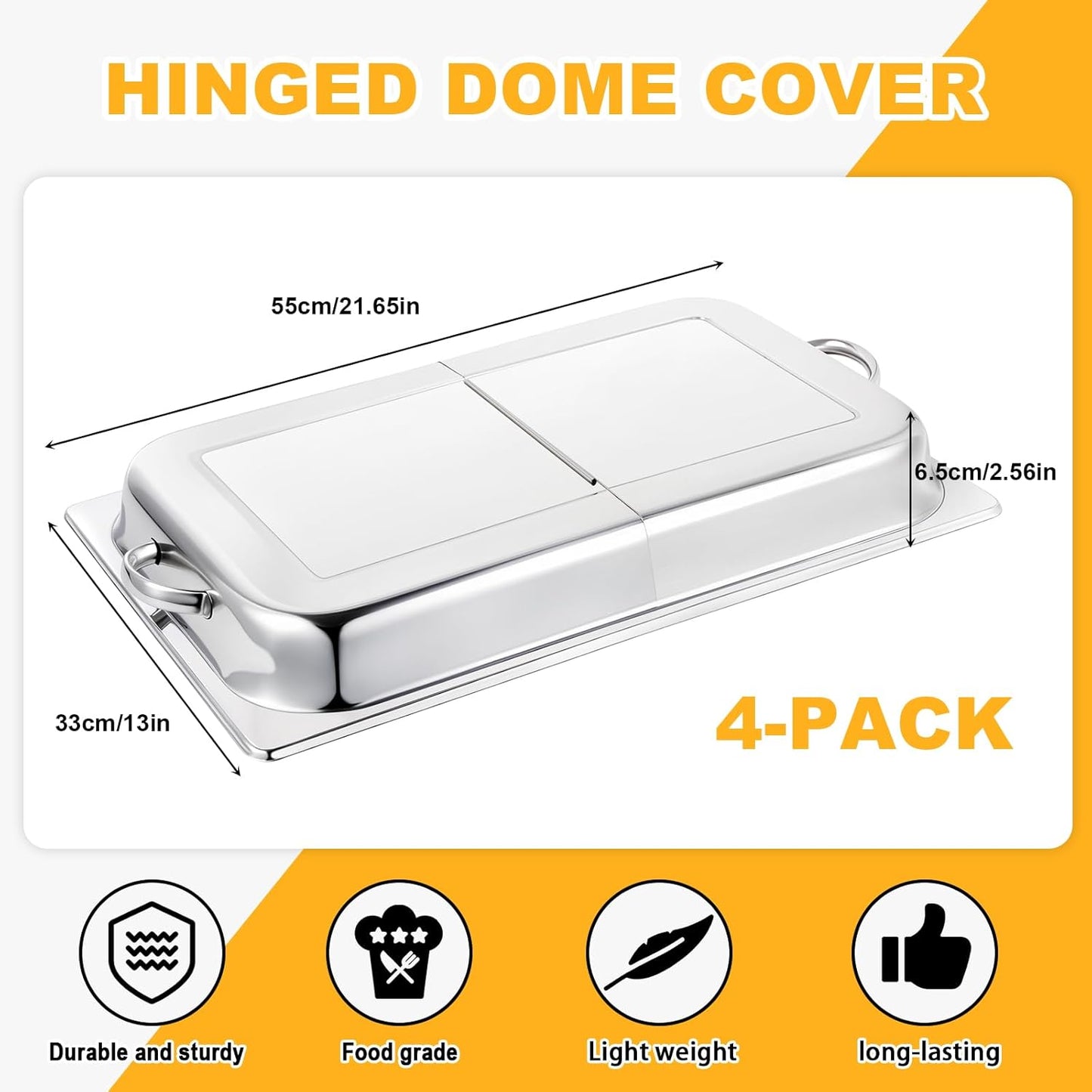 4 Pack Hinged Dome Cover with Handle, 21. 65 x 13 x 2. 56 Inch, Steam Table Pan Hotel Pan Cover Stainless Steel Hinged Dome