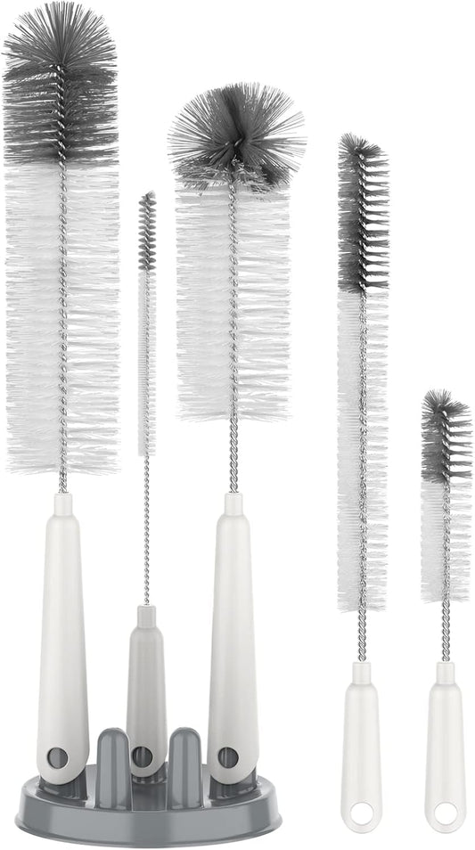 5 Pack Bottle Brush Cleaning Set with Storage Holder, Cleaning Brushes for Long Narrow Neck Bottles, Water Bottles, Baby Bottles, Tumblers, Drinking Glasses, Strews