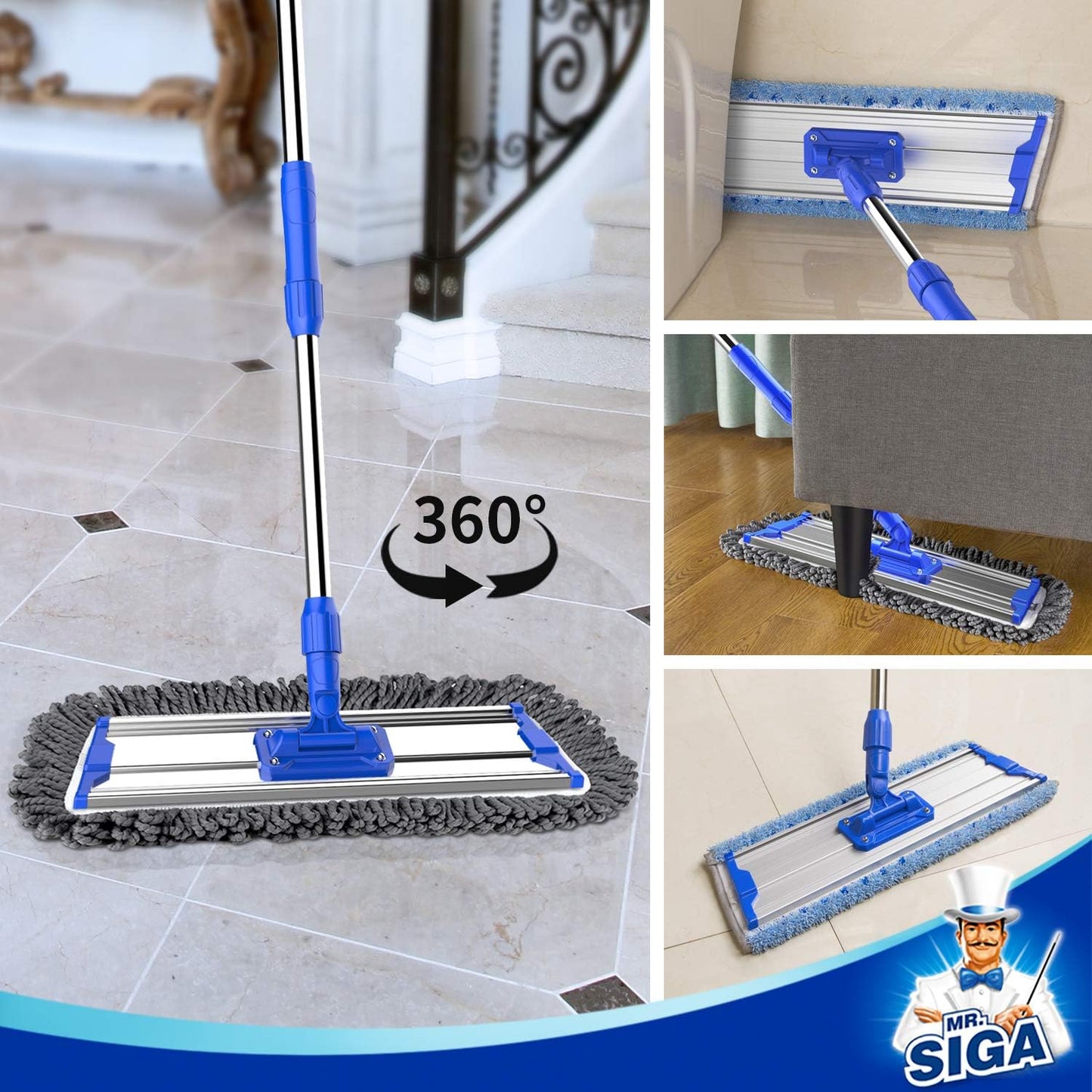 18" Professional Microfiber Mop for Floor Cleaning, Stainless Steel Telescopic Handle, Includes 2 Washable Premium Microfiber Mop Pads, 1 Scrub Cloth and 1 Dust Cloth