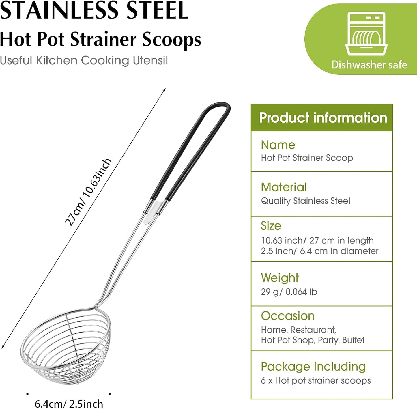 6 Pieces Hot Pot Kit Strainer Scoops Stainless Steel 2.5 Inch Mini Spider Strainer Skimmer Pasta Mesh Spoon Asian Skimmer Spoon Ladle with Handle for Home (Black)