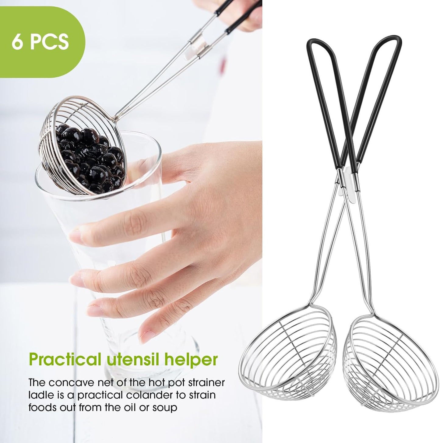 6 Pieces Hot Pot Kit Strainer Scoops Stainless Steel 2.5 Inch Mini Spider Strainer Skimmer Pasta Mesh Spoon Asian Skimmer Spoon Ladle with Handle for Home (Black)