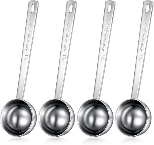 4 Pieces 2 Tablespoon Scoops with Long Handle, 30 ml Stainless Steel Measuring Spoon for Coffee Milk Fruit Powder, Loose Tea Dry, Spice Jar, Cooking Baking, and Other Dry Goods