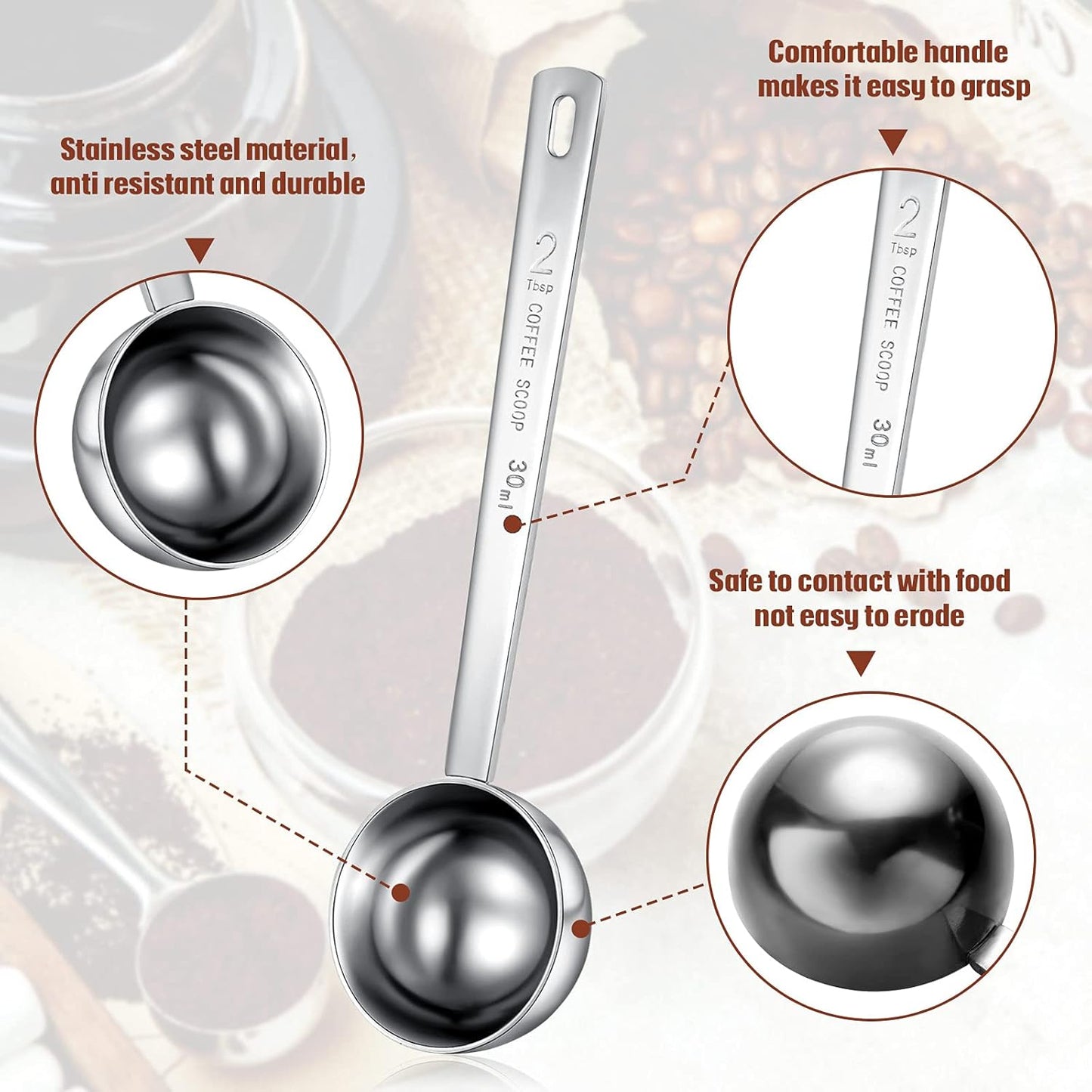 4 Pieces 2 Tablespoon Scoops with Long Handle, 30 ml Stainless Steel Measuring Spoon for Coffee Milk Fruit Powder, Loose Tea Dry, Spice Jar, Cooking Baking, and Other Dry Goods