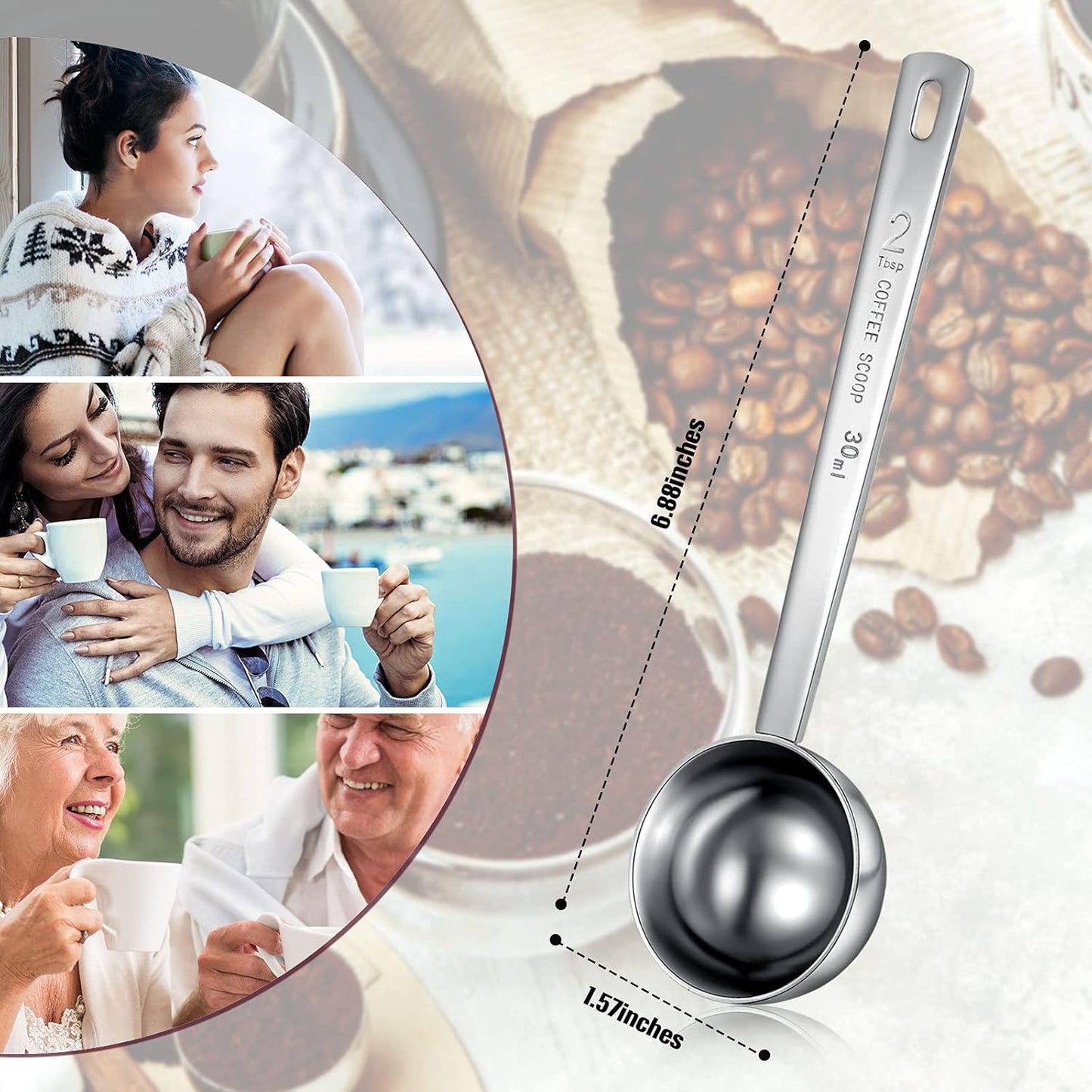 4 Pieces 2 Tablespoon Scoops with Long Handle, 30 ml Stainless Steel Measuring Spoon for Coffee Milk Fruit Powder, Loose Tea Dry, Spice Jar, Cooking Baking, and Other Dry Goods