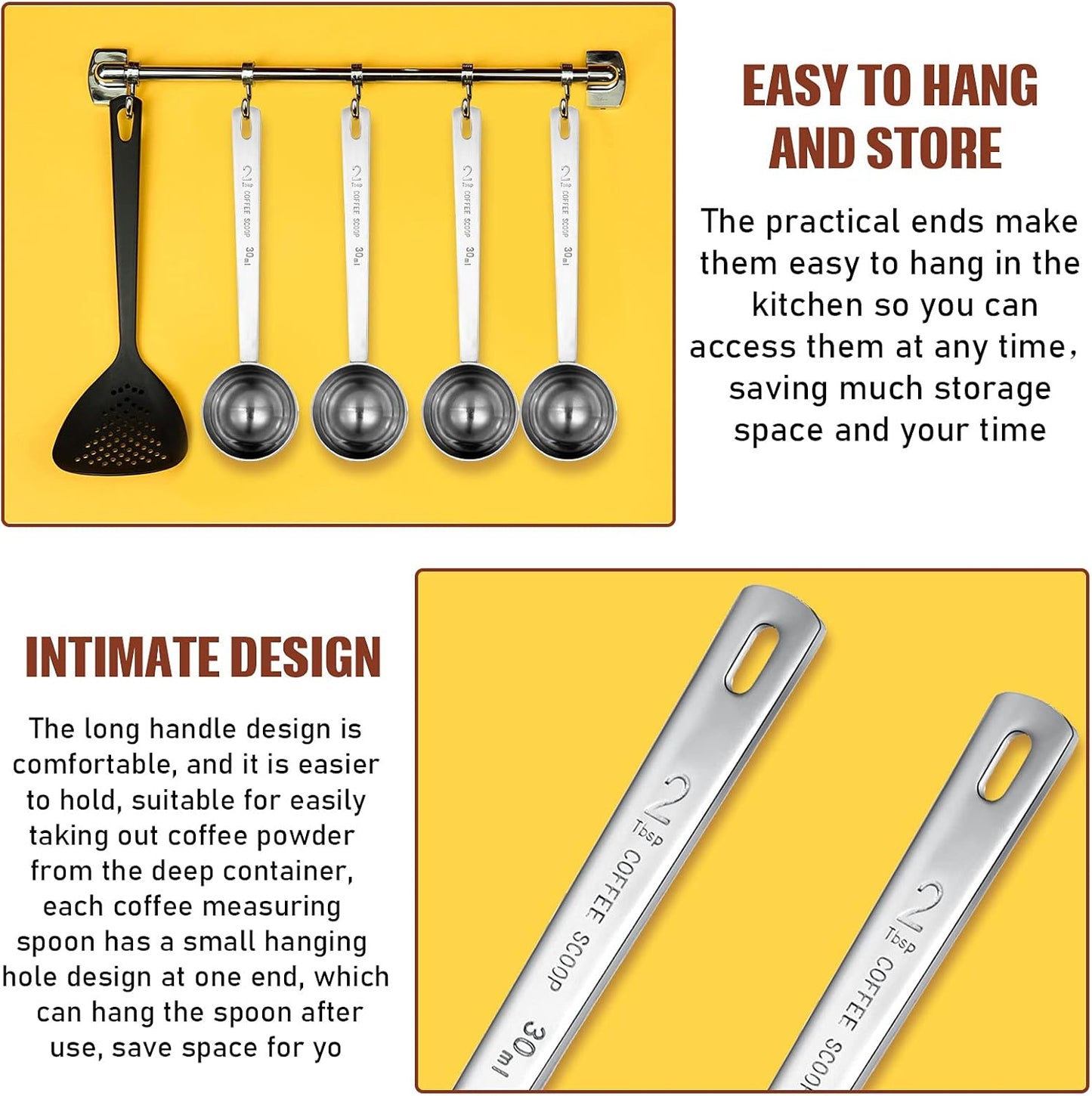 4 Pieces 2 Tablespoon Scoops with Long Handle, 30 ml Stainless Steel Measuring Spoon for Coffee Milk Fruit Powder, Loose Tea Dry, Spice Jar, Cooking Baking, and Other Dry Goods