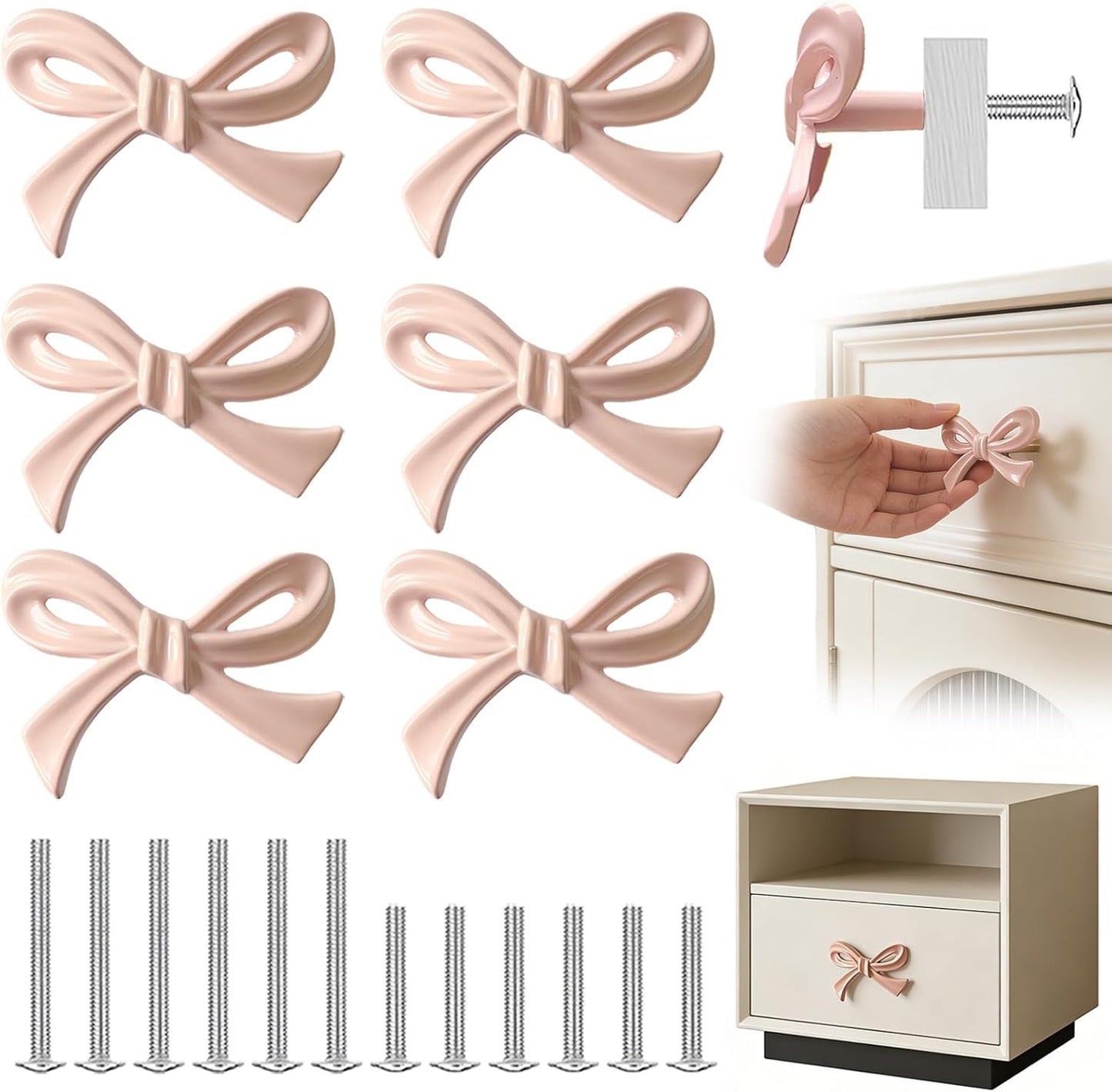 6-Pack Bow Shaped Dresser Knobs Elegant Bow Drawer Pulls Zinc Alloy Solid Bow Tie Cabinet Hardware Pulls Decorative Handles for Drawers Storage Cabinets Dresser Bookcases (Pink-6Pcs)