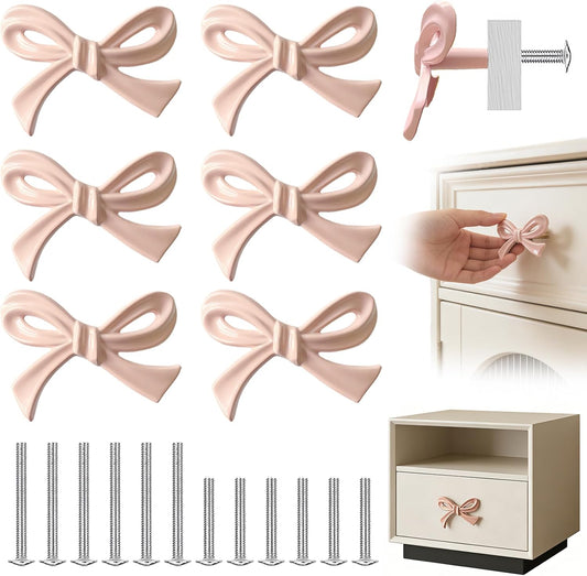 6-Pack Bow Shaped Dresser Knobs Elegant Bow Drawer Pulls Zinc Alloy Solid Bow Tie Cabinet Hardware Pulls Decorative Handles for Drawers Storage Cabinets Dresser Bookcases (Pink-6Pcs)
