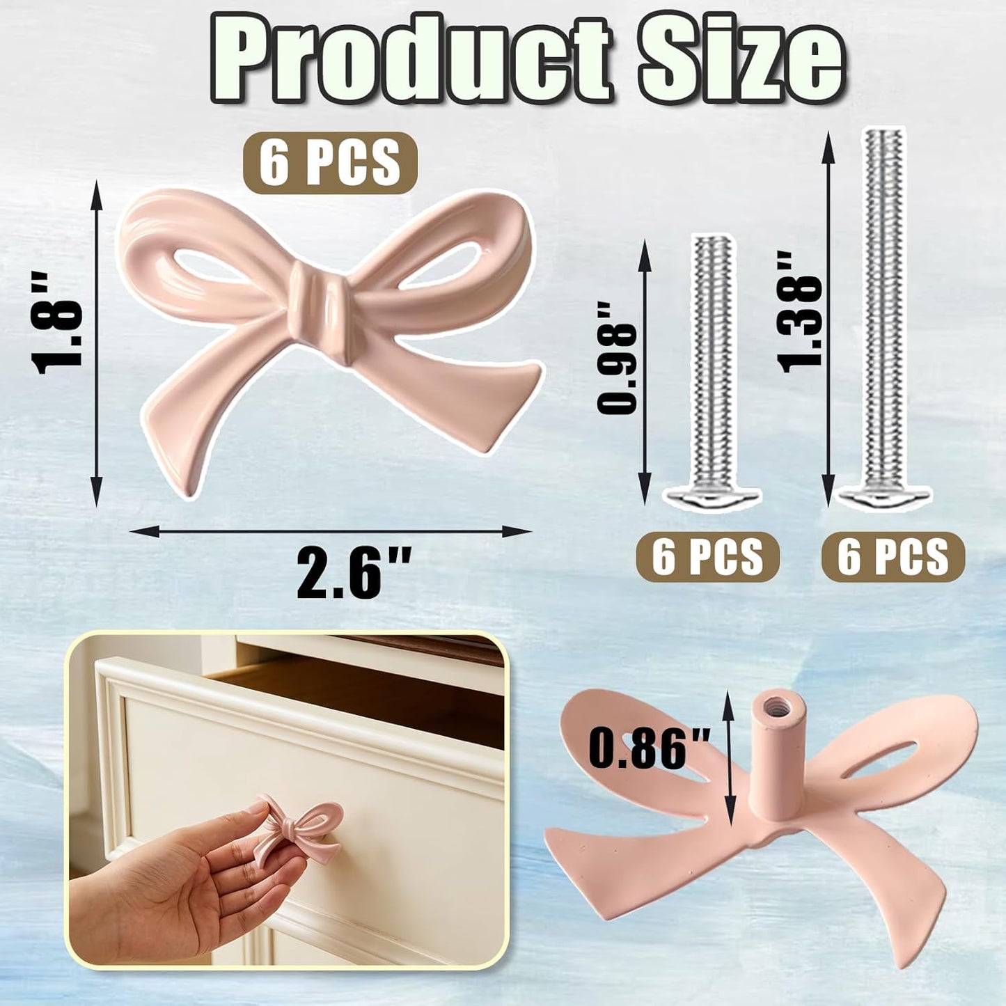 6-Pack Bow Shaped Dresser Knobs Elegant Bow Drawer Pulls Zinc Alloy Solid Bow Tie Cabinet Hardware Pulls Decorative Handles for Drawers Storage Cabinets Dresser Bookcases (Pink-6Pcs)